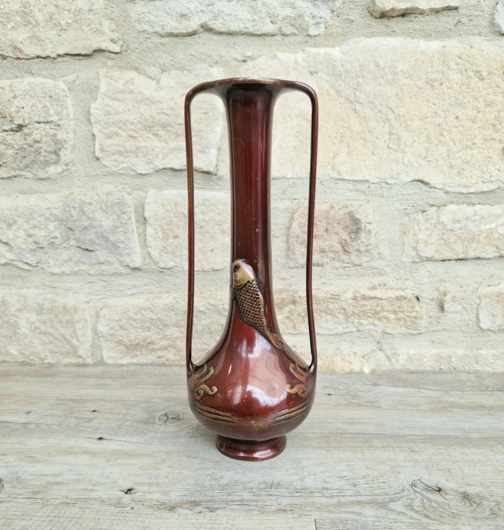 Japanese Art Nouveau Bronze Bottle Vase Elongated Handles Relief Decorated Carp & Water Reeds