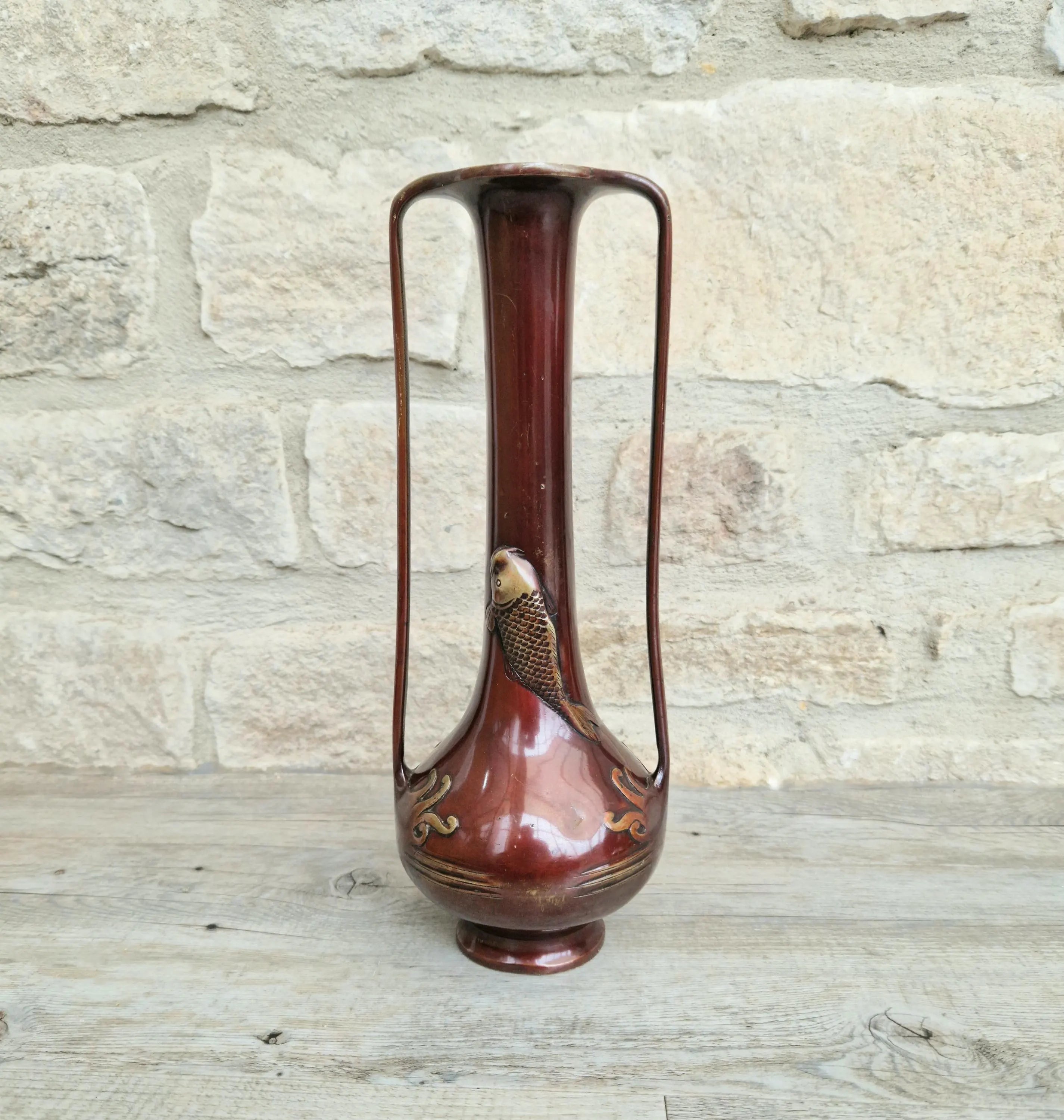 Japanese Art Nouveau Bronze Bottle Vase Elongated Handles Relief Decorated Carp & Water Reeds