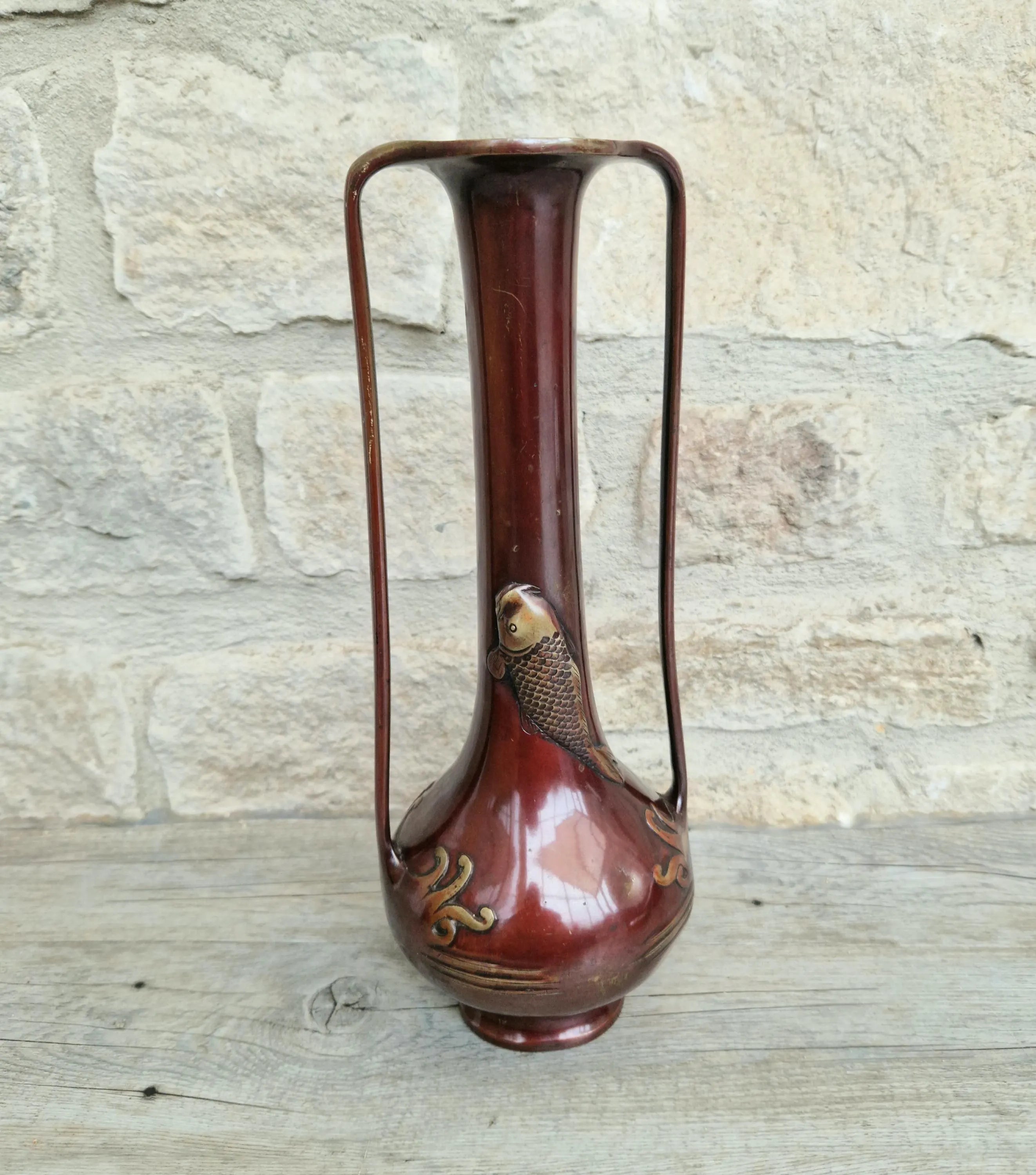 Japanese Art Nouveau Bronze Bottle Vase Elongated Handles Relief Decorated Carp & Water Reeds