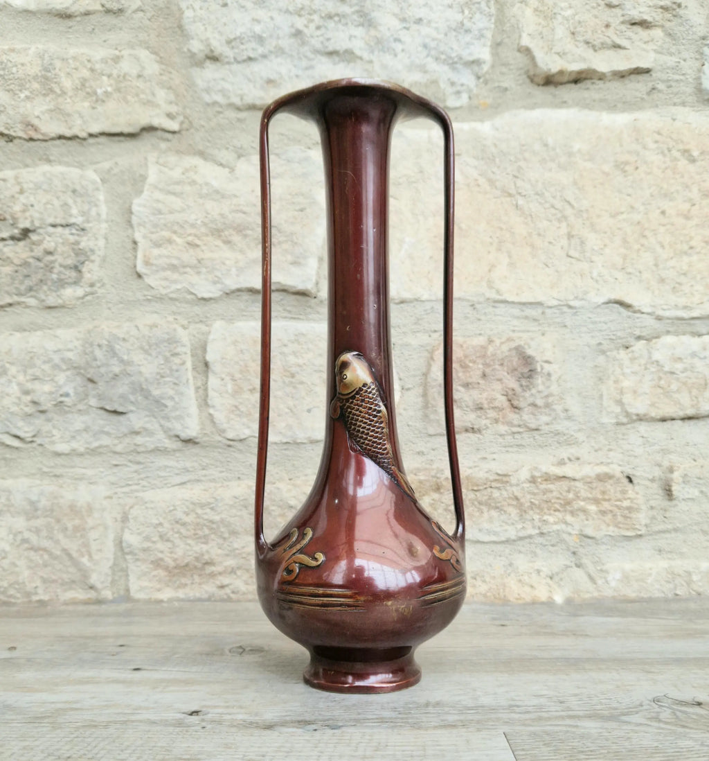 Japanese Art Nouveau Bronze Bottle Vase Elongated Handles Relief Decorated Carp & Water Reeds