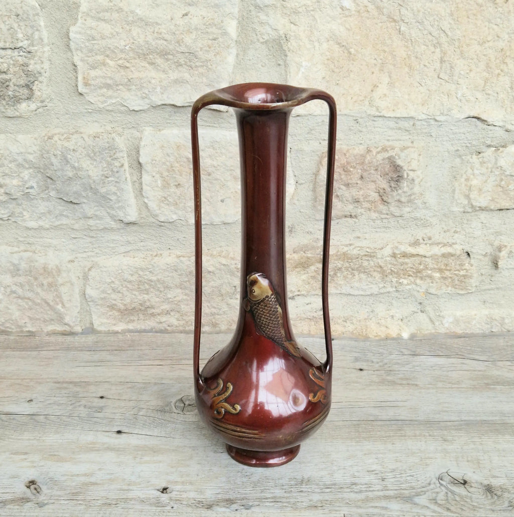 Japanese Art Nouveau Bronze Bottle Vase Elongated Handles Relief Decorated Carp & Water Reeds