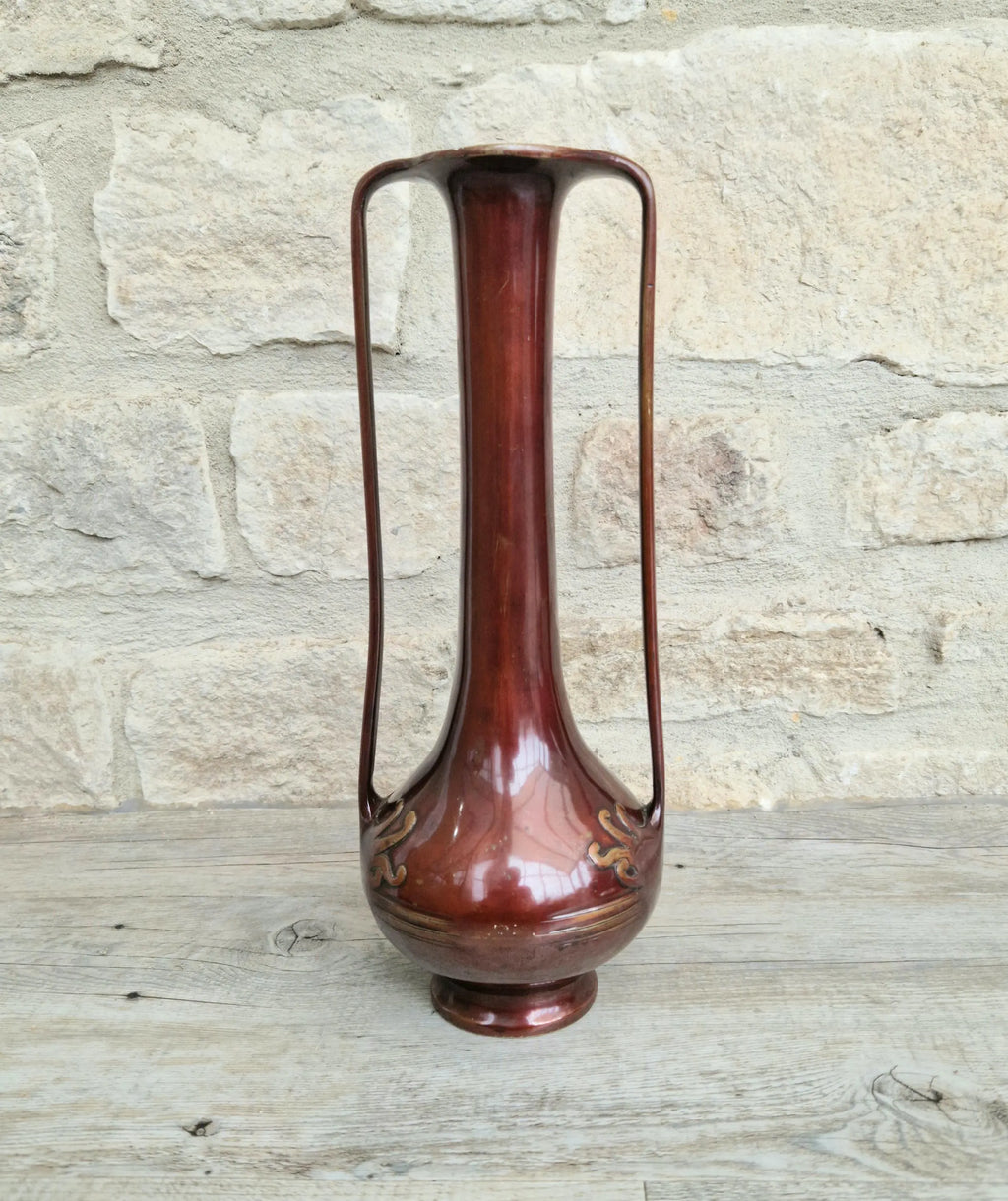 Japanese Art Nouveau Bronze Bottle Vase Elongated Handles Relief Decorated Carp & Water Reeds