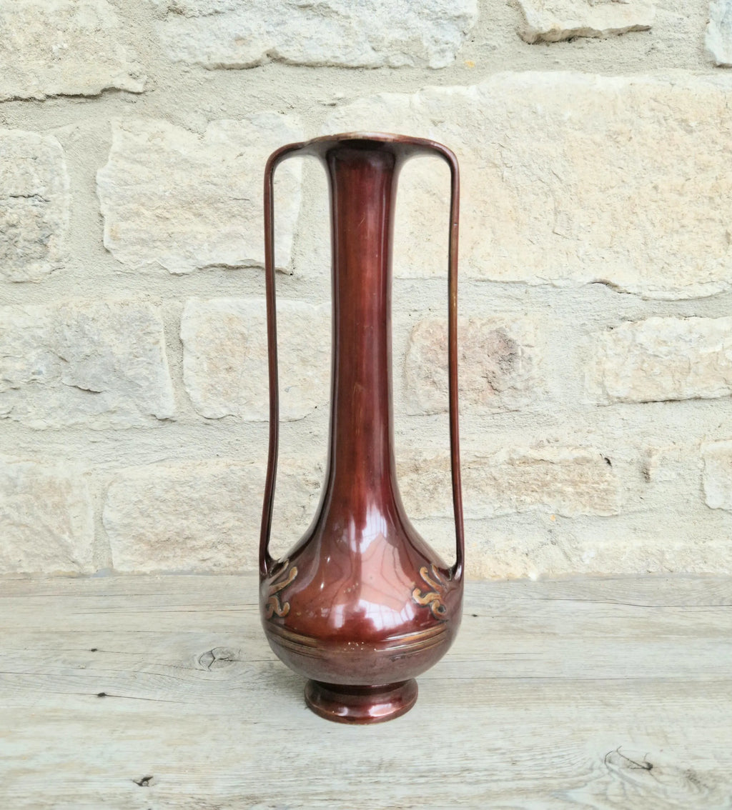 Japanese Art Nouveau Bronze Bottle Vase Elongated Handles Relief Decorated Carp & Water Reeds