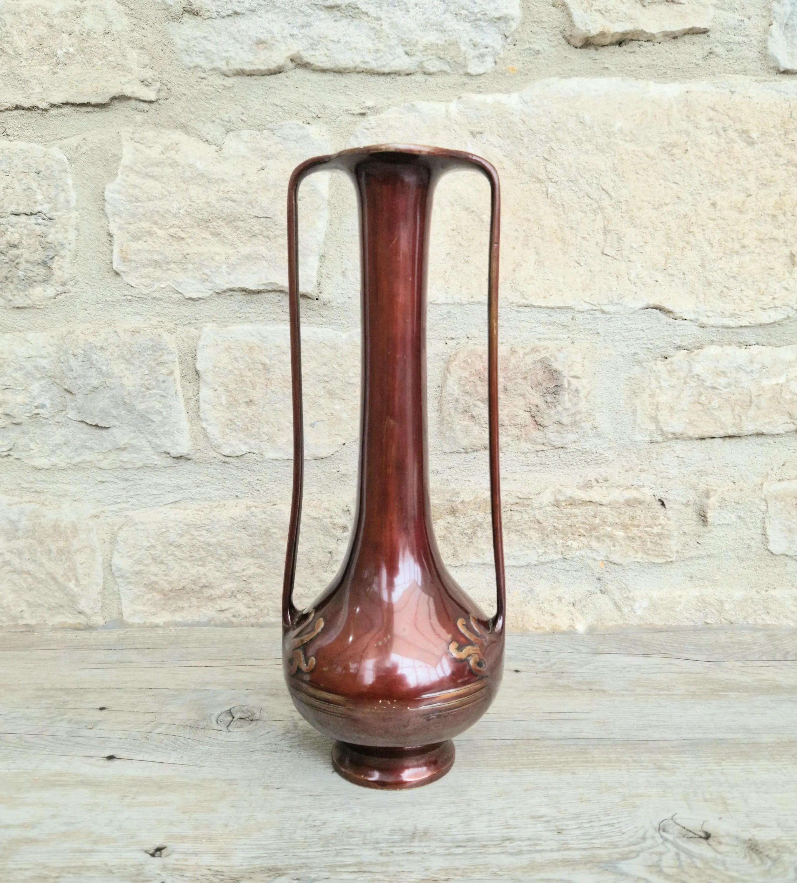 Japanese Art Nouveau Bronze Bottle Vase Elongated Handles Relief Decorated Carp & Water Reeds