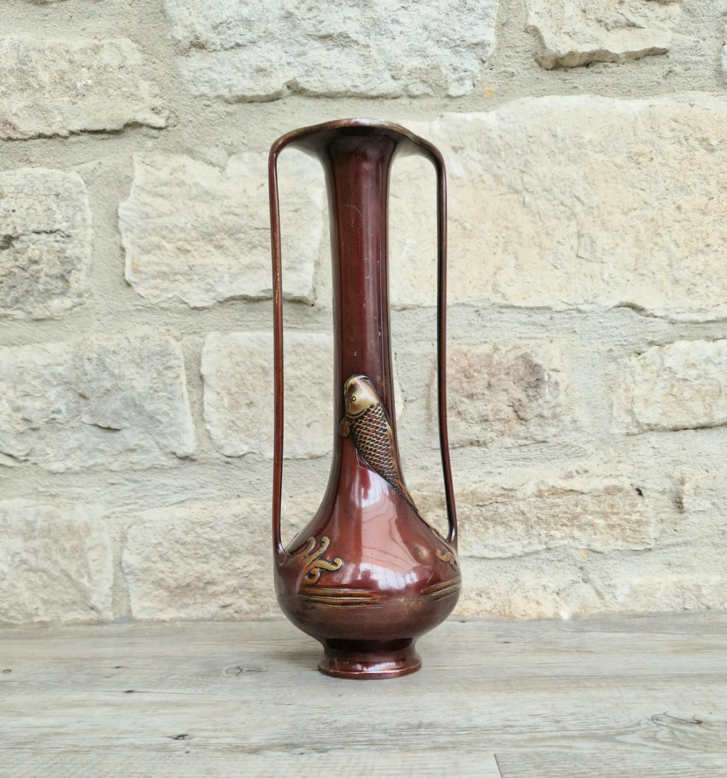 Japanese Art Nouveau Bronze Bottle Vase Elongated Handles Relief Decorated Carp & Water Reeds