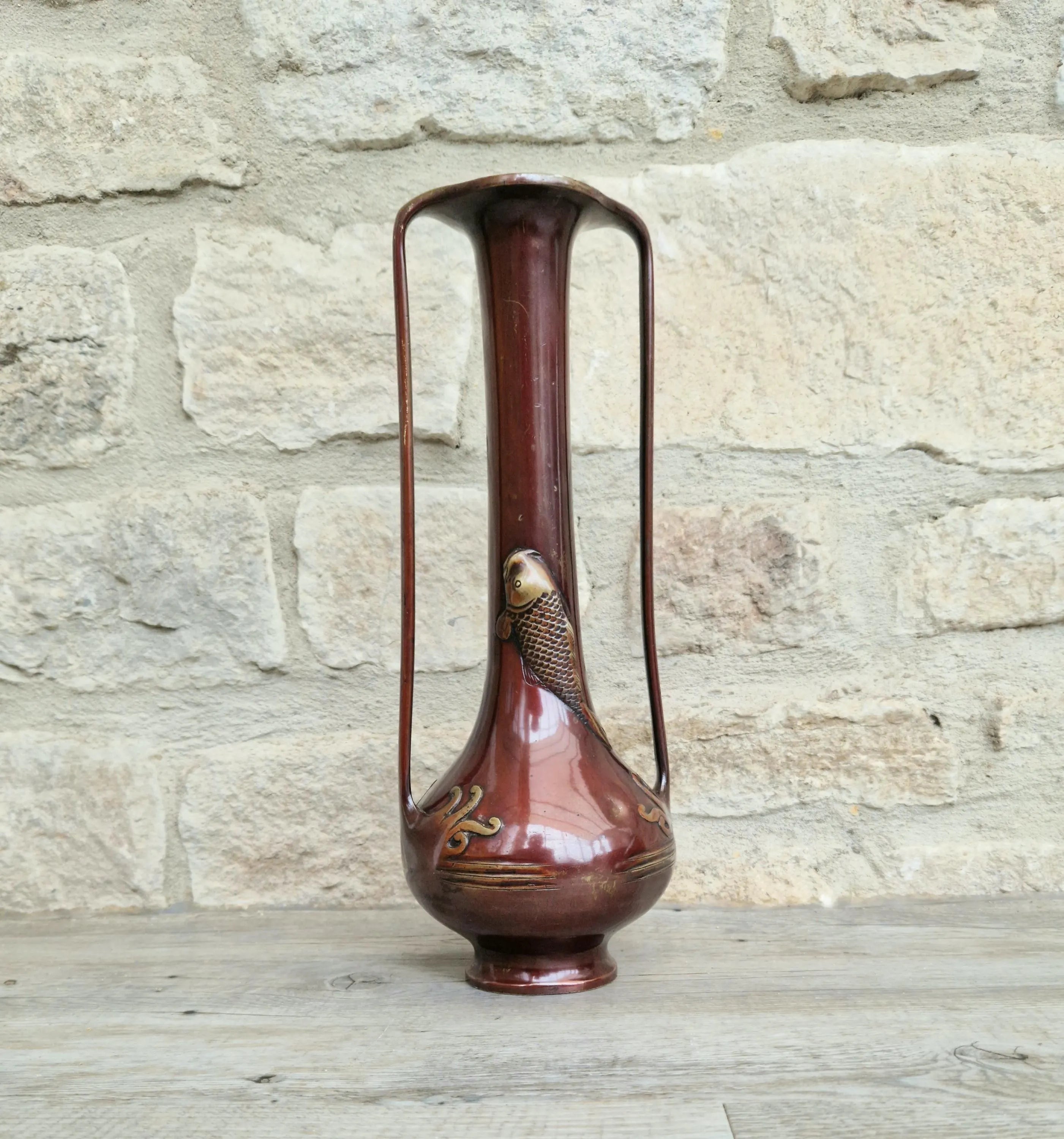 Japanese Art Nouveau Bronze Bottle Vase Elongated Handles Relief Decorated Carp & Water Reeds