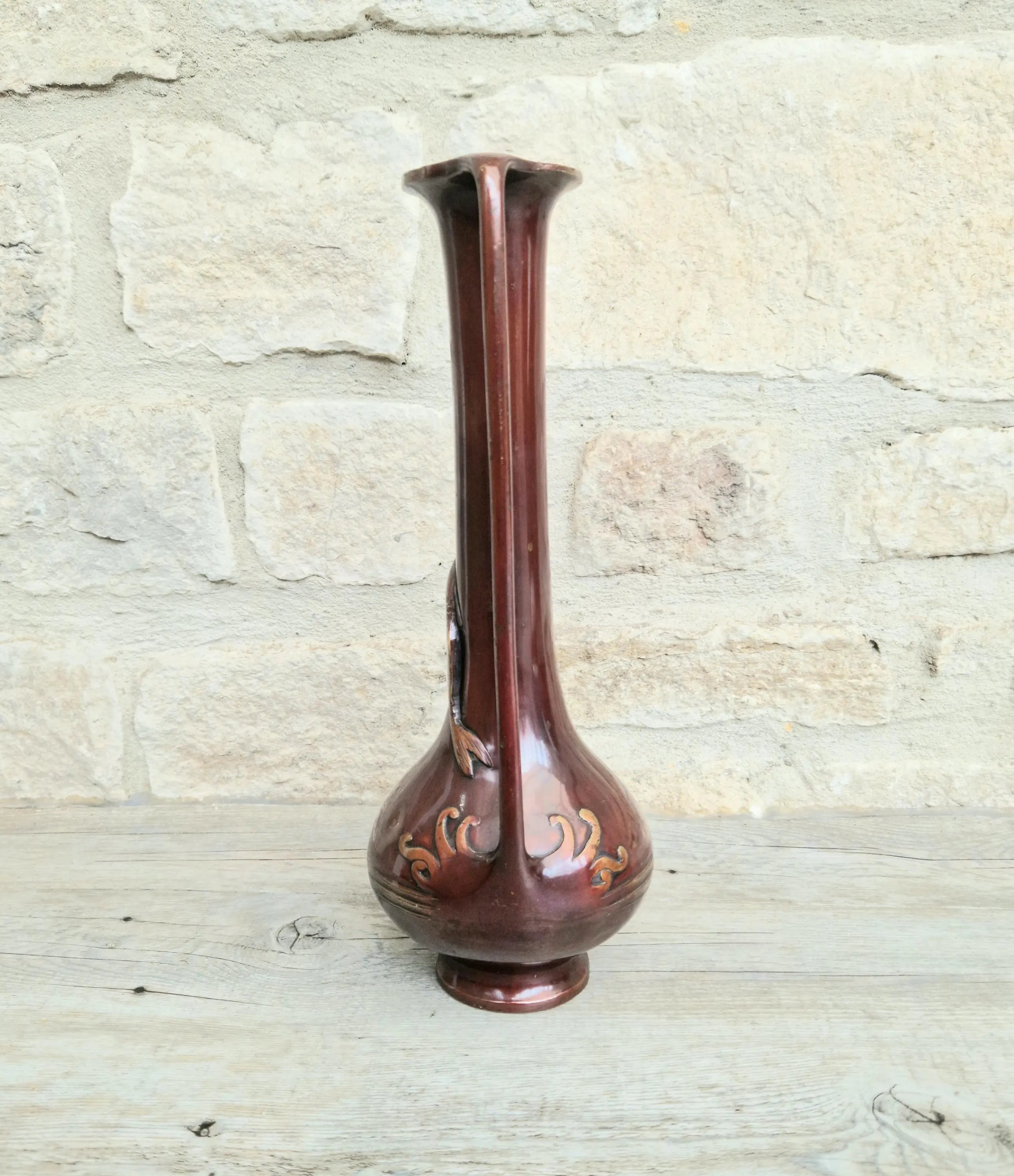 Japanese Art Nouveau Bronze Bottle Vase Elongated Handles Relief Decorated Carp & Water Reeds