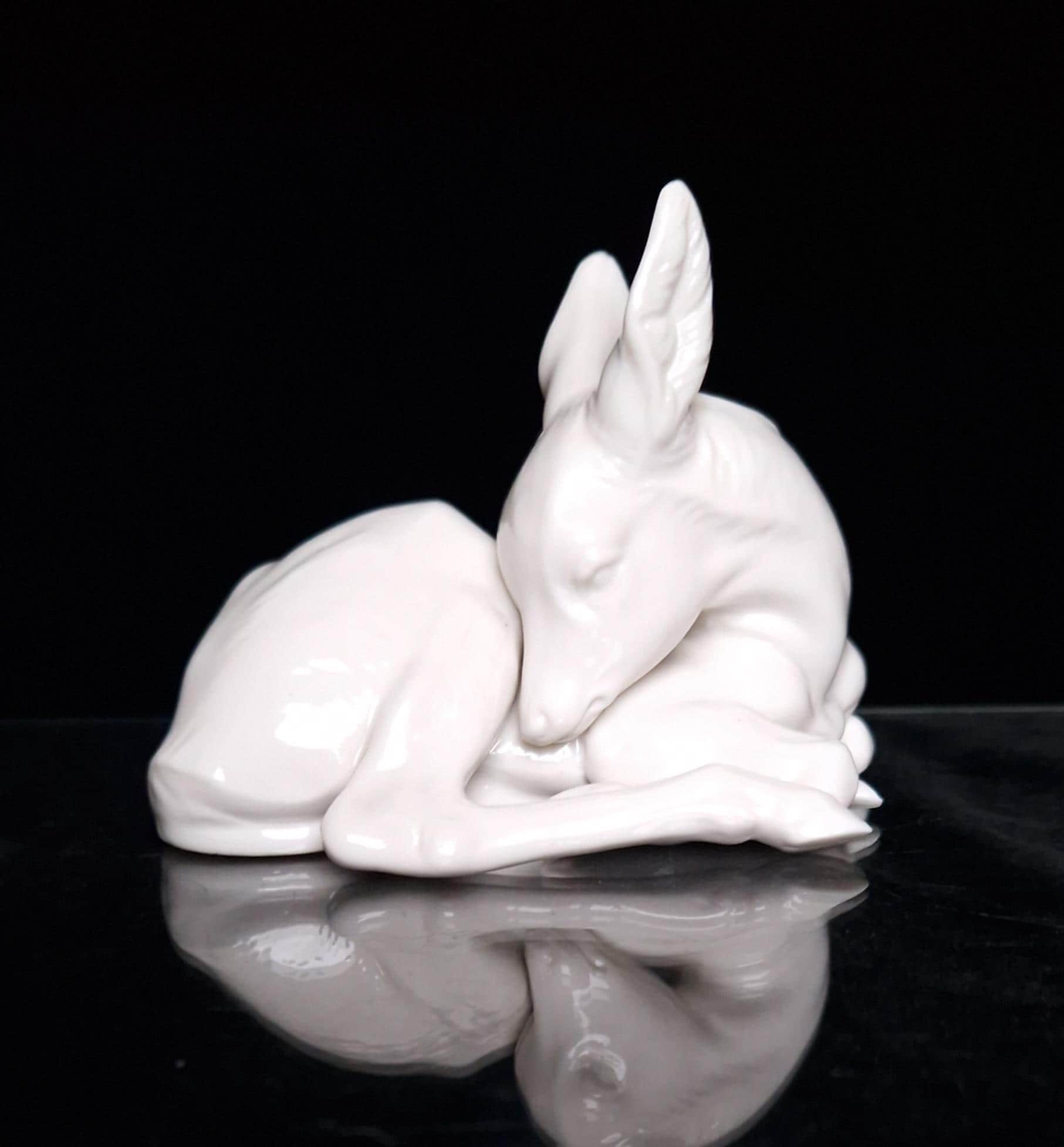 Rare Vintage Nymphenburg Porcelain White Lying Fawn Figure Signed 850/17