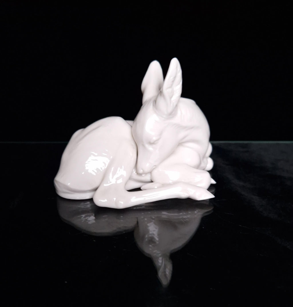 Rare Vintage Nymphenburg Porcelain White Lying Fawn Figure Signed 850/17