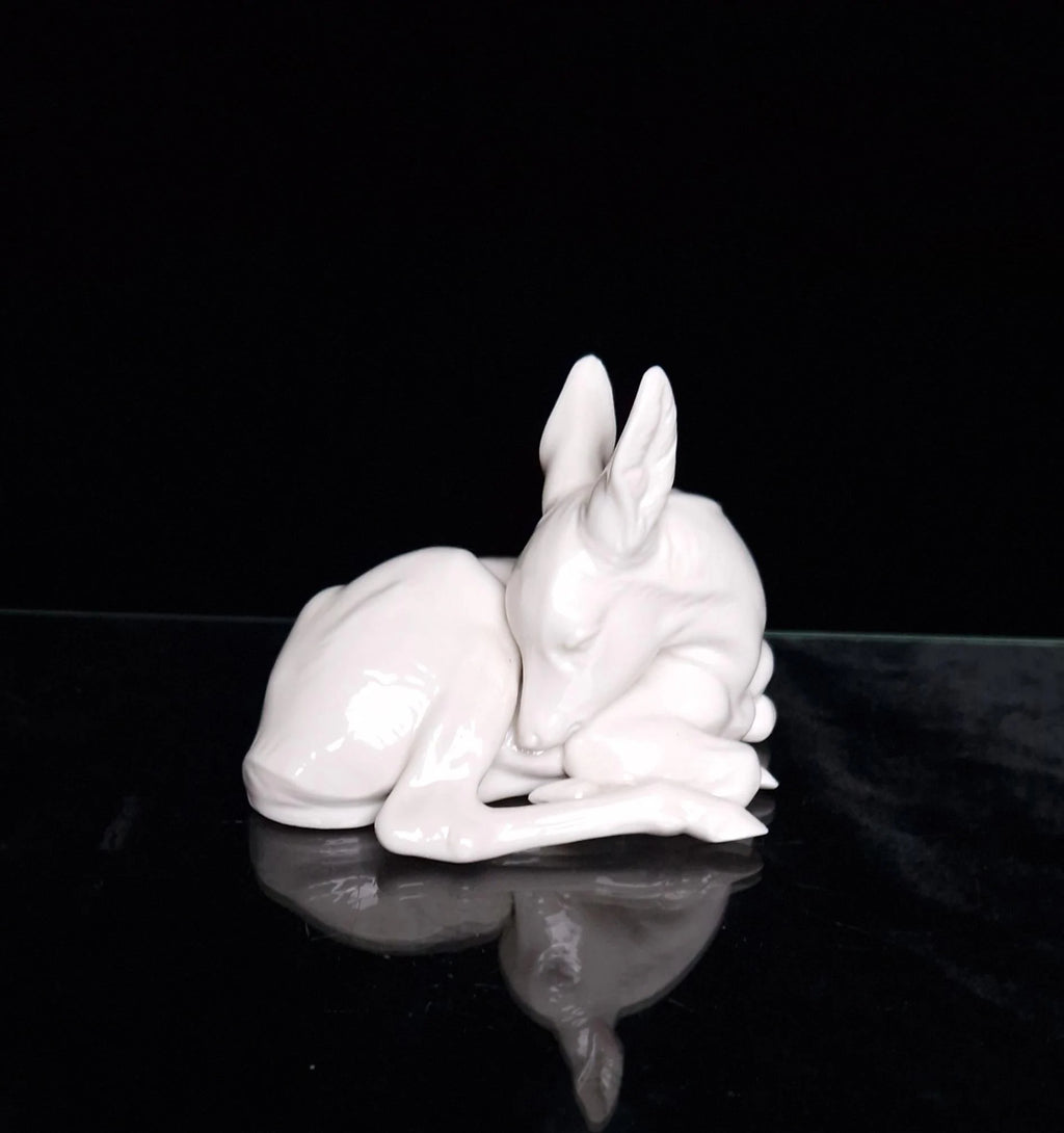 Rare Vintage Nymphenburg Porcelain White Lying Fawn Figure Signed 850/17
