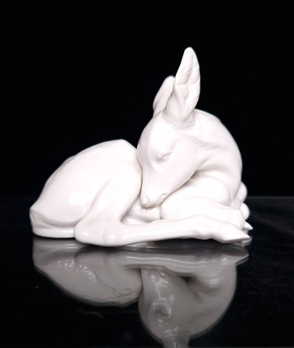 Rare Vintage Nymphenburg Porcelain White Lying Fawn Figure Signed 850/17