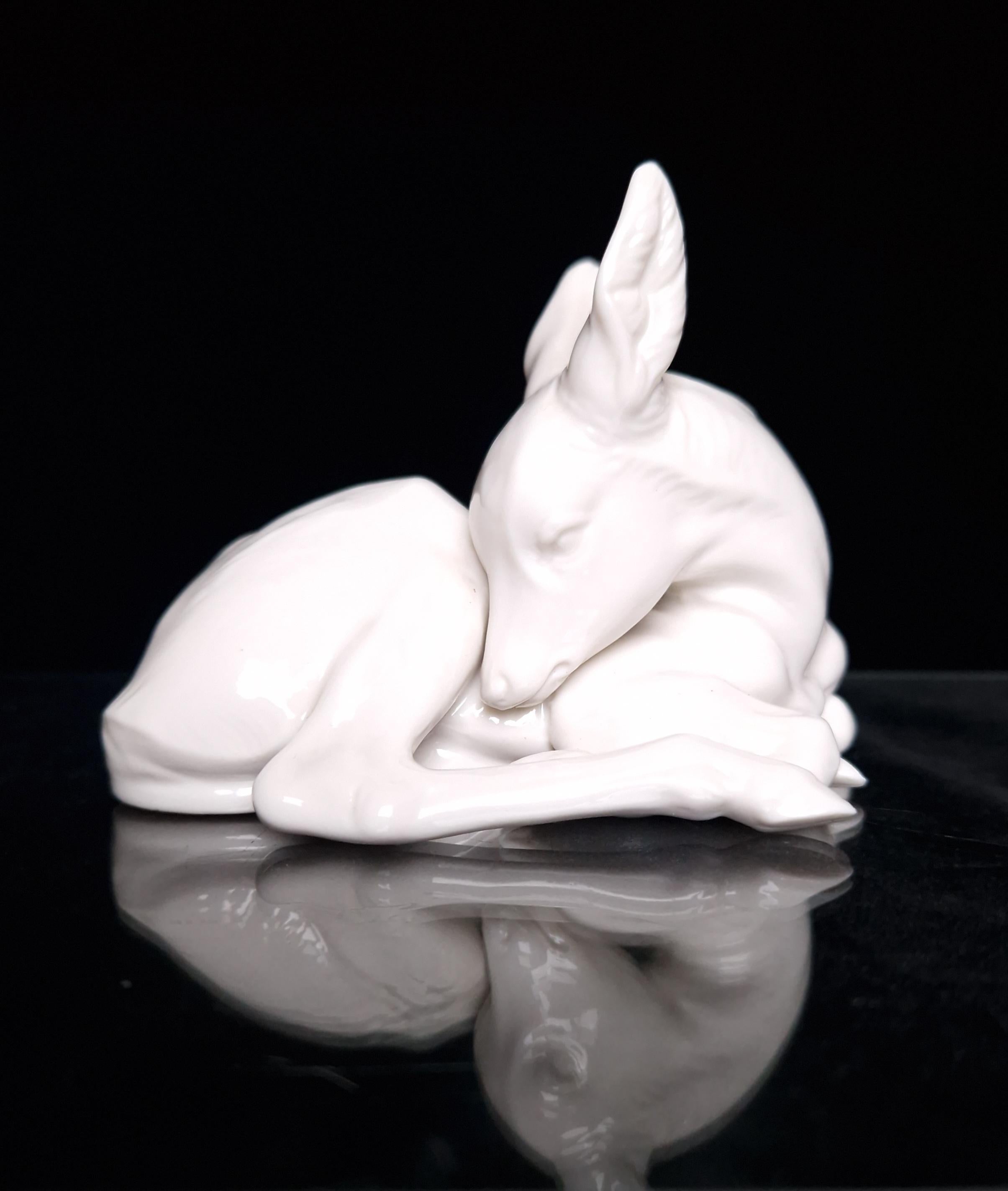 Rare Vintage Nymphenburg Porcelain White Lying Fawn Figure Signed 850/17