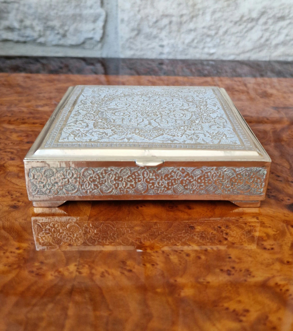 Antique Heavy White & Gold Metal Hand Chased Decorative Desk Box