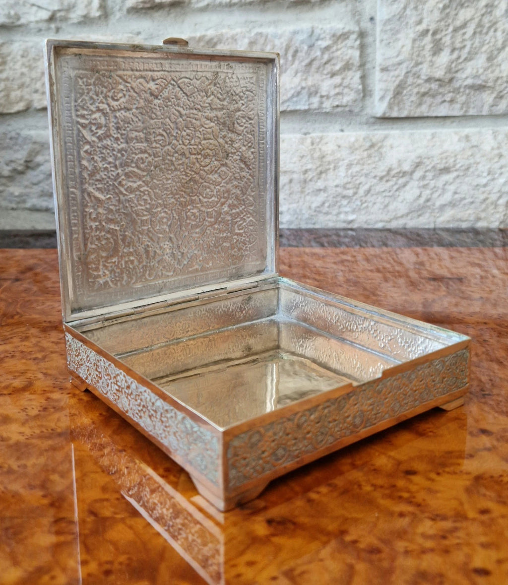 Antique Heavy White & Gold Metal Hand Chased Decorative Desk Box