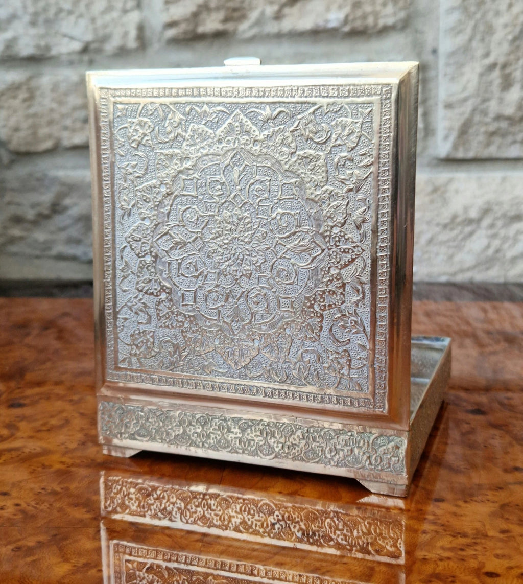 Antique Heavy White & Gold Metal Hand Chased Decorative Desk Box