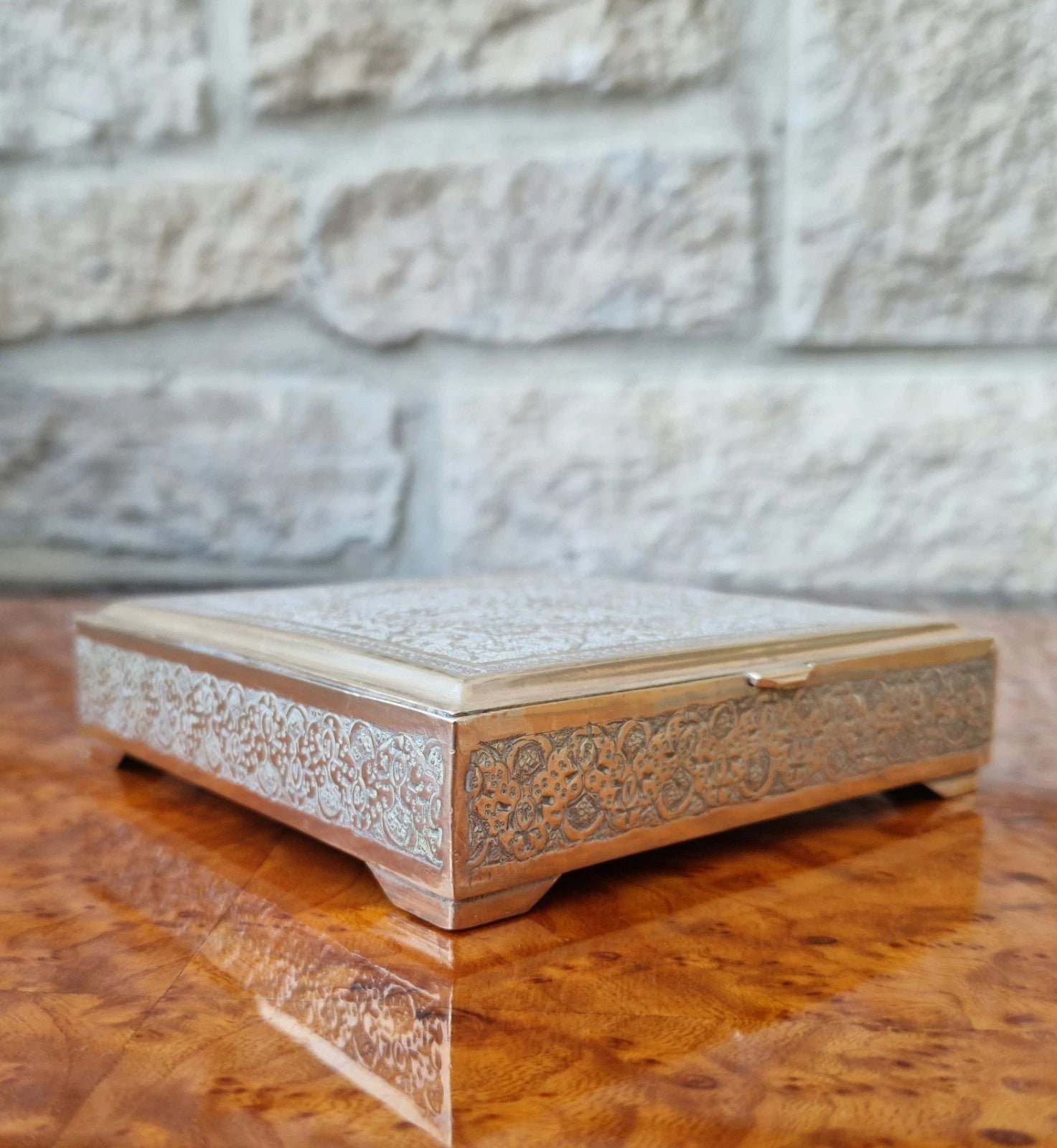 Antique Heavy White & Gold Metal Hand Chased Decorative Desk Box