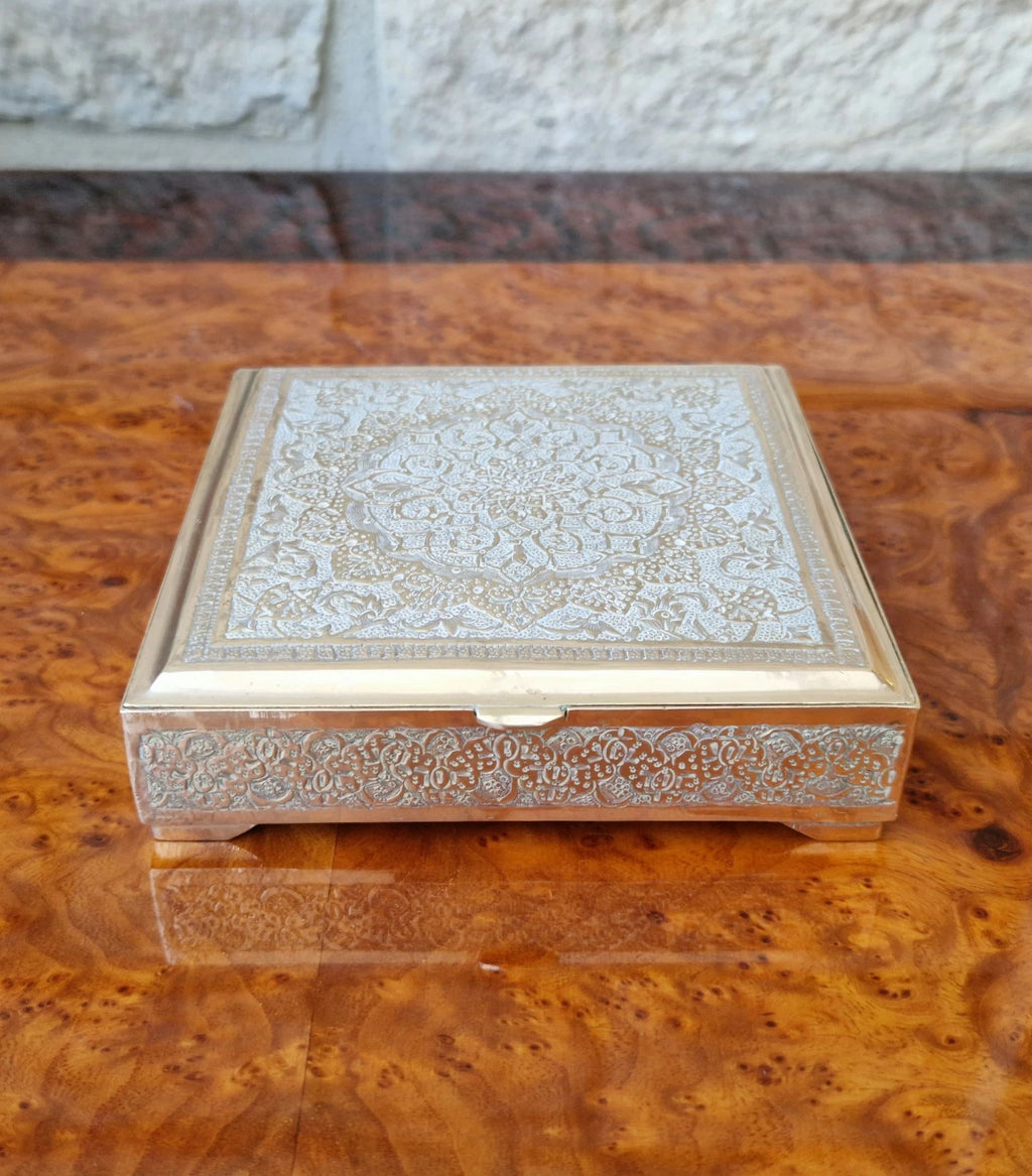 Antique Heavy White & Gold Metal Hand Chased Decorative Desk Box