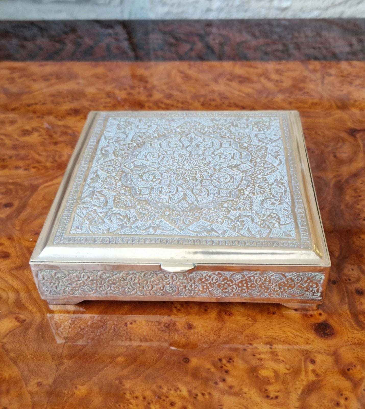 Antique Heavy White & Gold Metal Hand Chased Decorative Desk Box