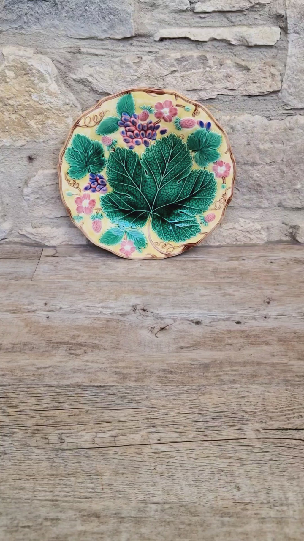 Rare Vintage Wedgwood Majolica Yellow Ground Strawberry Vine Plate 1930s English Pottery Exceptional Condition Grape Leaf & Berries