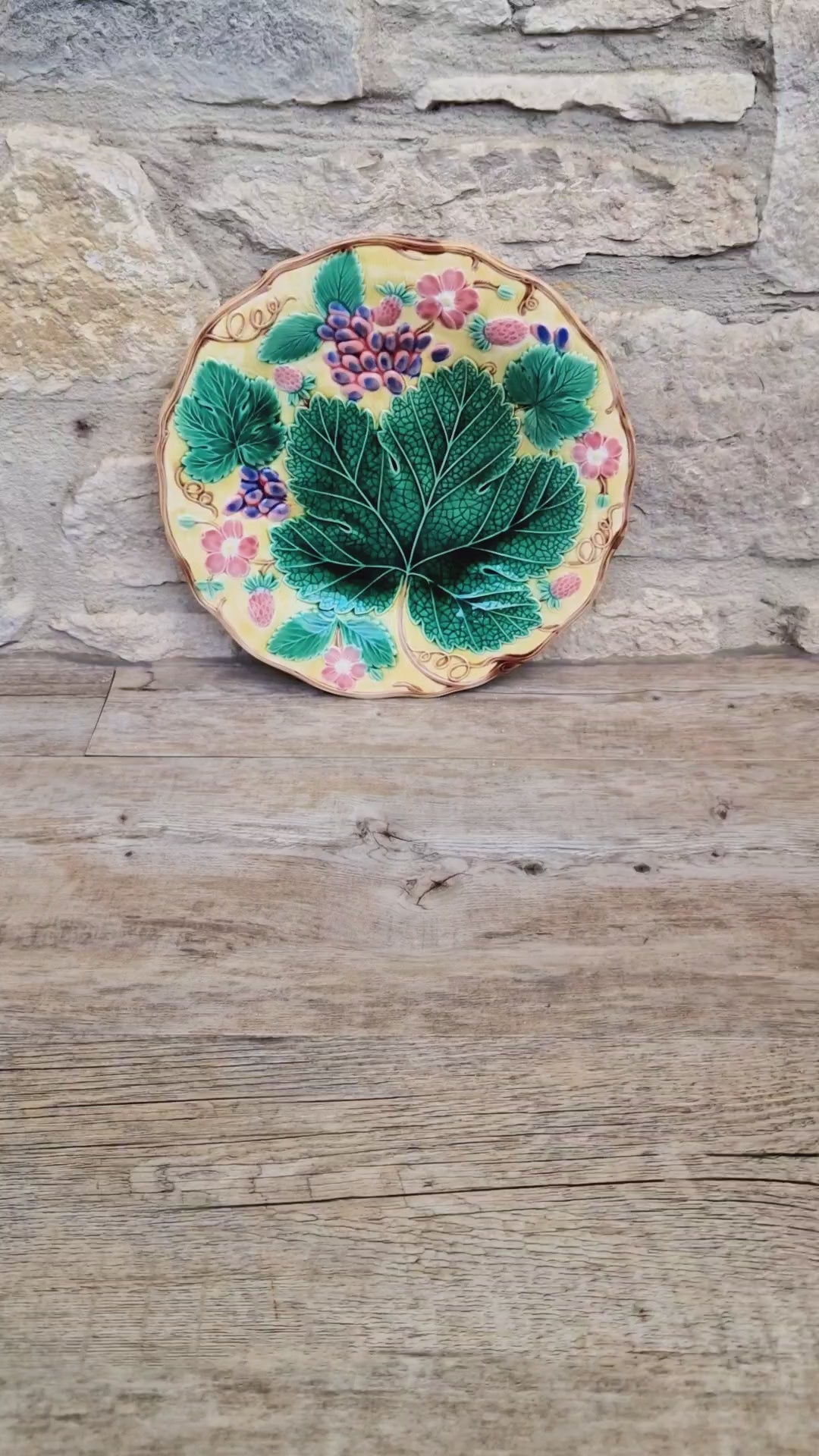 Rare Vintage Wedgwood Majolica Yellow Ground Strawberry Vine Plate 1930s English Pottery Exceptional Condition Grape Leaf & Berries
