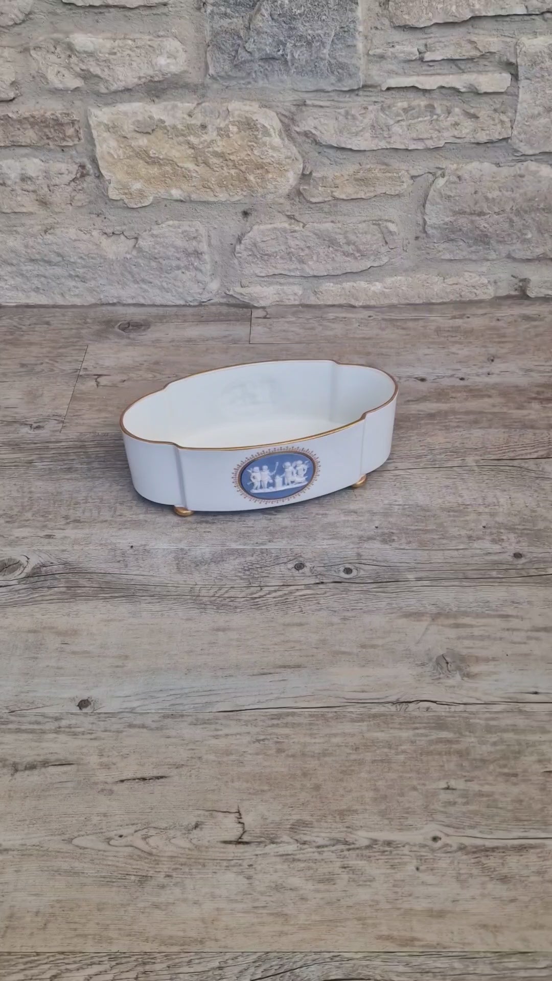 Vintage Vista Alegre Footed Centerpiece, White and Gold Porcelain Scalloped Planter Bowl Blue Jasperware Cherub Cameo