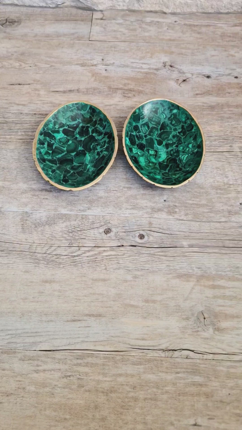 Pair of Stunning Fine Midcentury Malachite & Brass Oval Vide Poche Catch-All Decorative Bowls