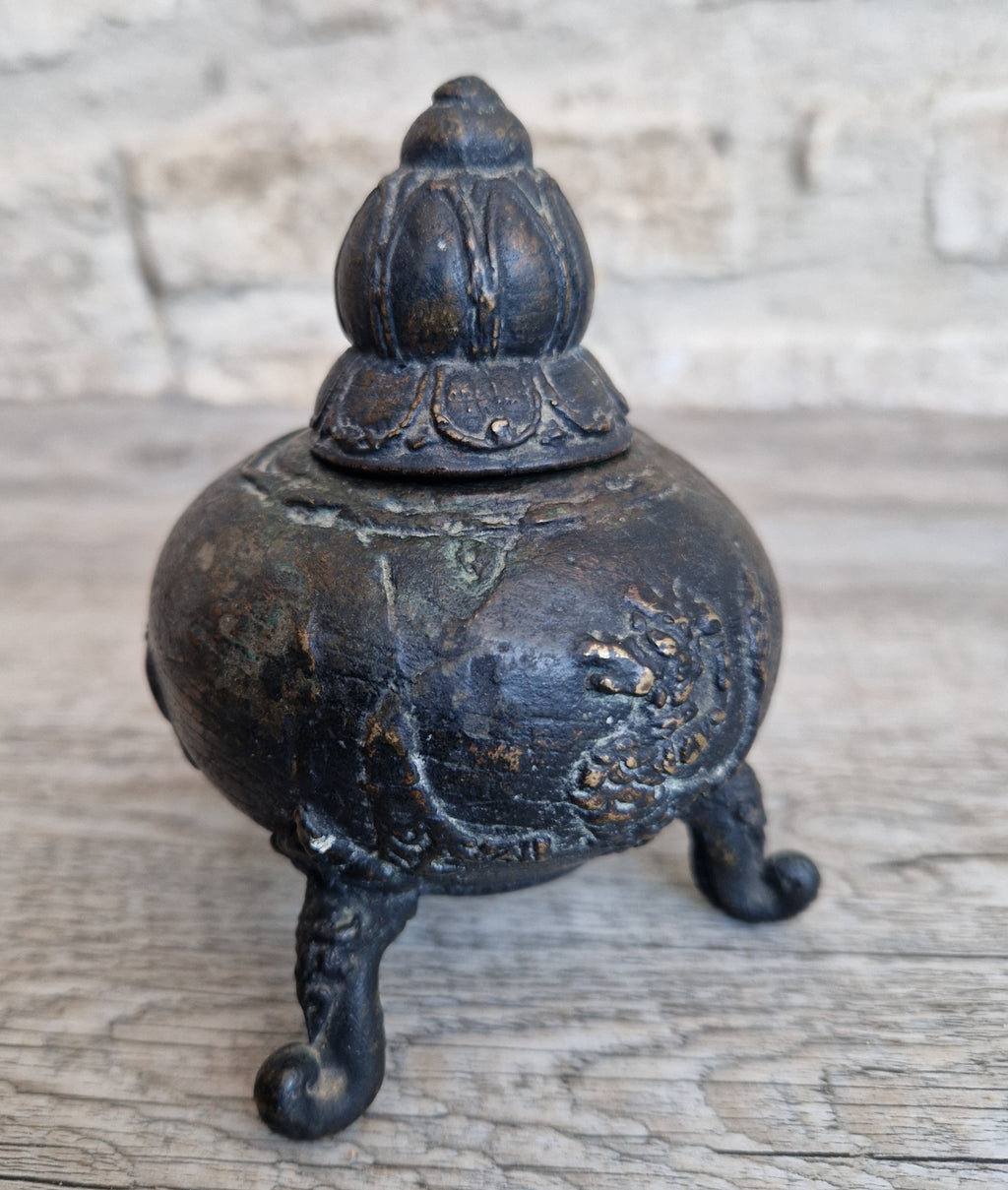 Ancient Chinese Bronze Tri-Foot Lidded Censer Mythic Creatures Reliefs