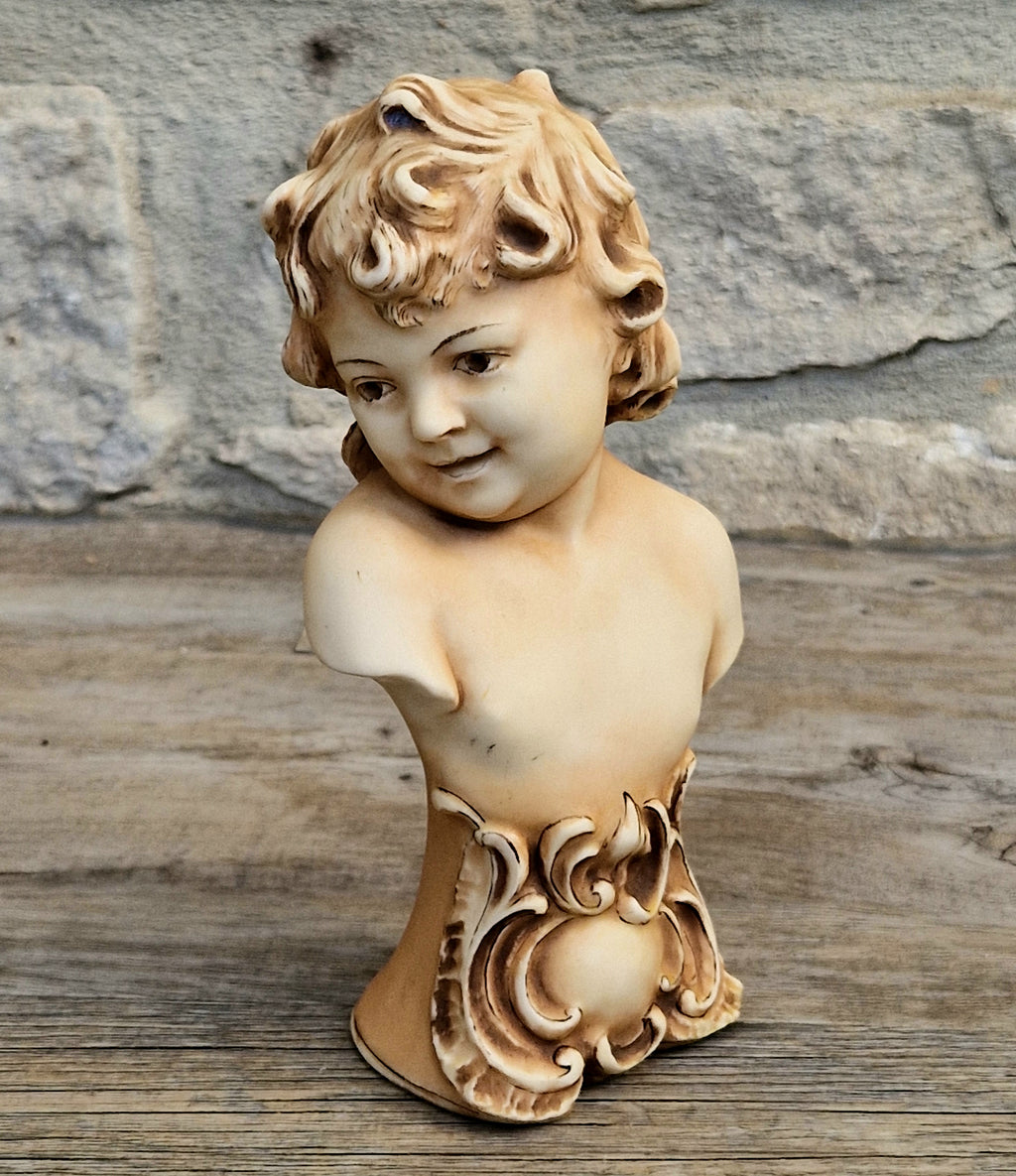 Antique NeoClassical Continental Patinated Bisque Porcelain Putti Child Bust Figure Ornament