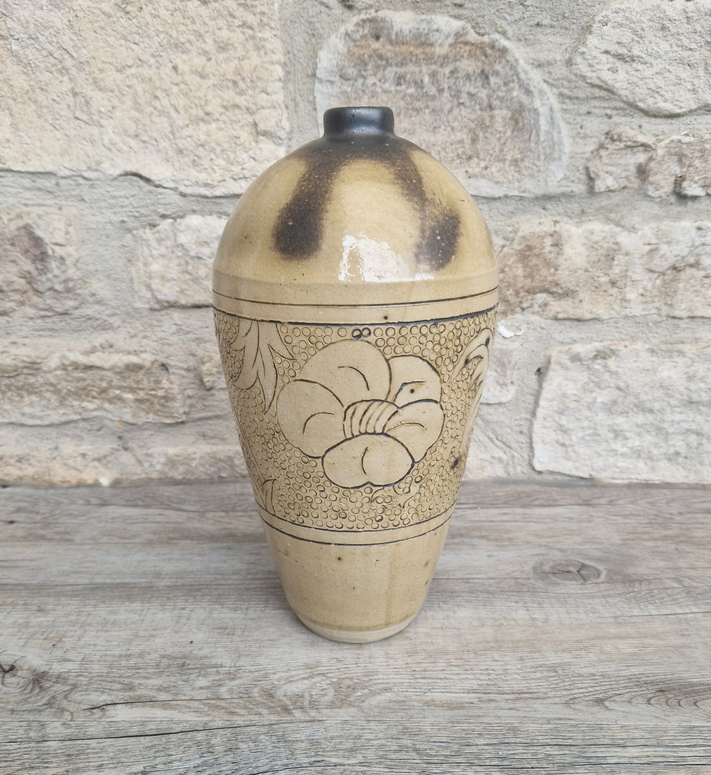 Large Chinese Cizhou Ware Meiping Style Stoneware Vase With Incised Floral Motif Design