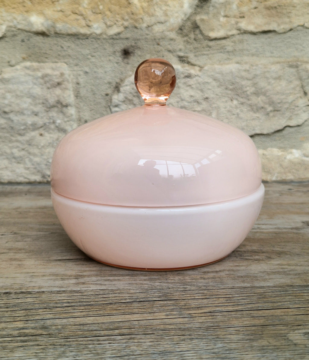 Vintage Large Opaline Pink Glass Lidded Powder Box Trinket Dish Art Deco Decor