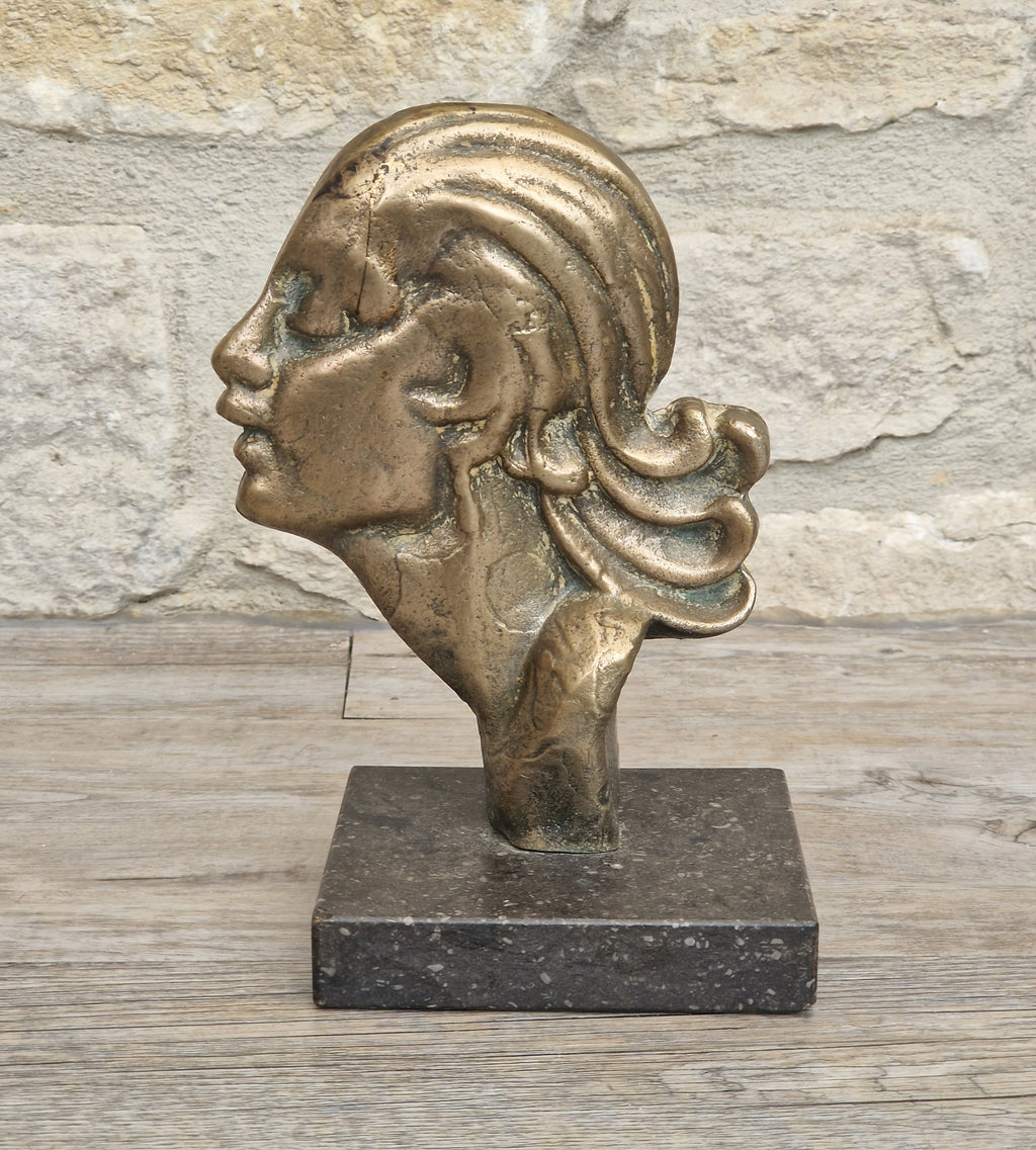 Art Deco Cast Bronze Girl's Head Profile Black Marble Mounted Desk Sculpture
