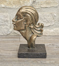 Art Deco Cast Bronze Girl's Head Profile Black Marble Mounted Desk Sculpture