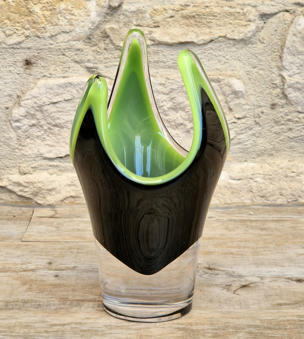 Reijmyre Harlequin Vase Black & Green Signed Paul Kedelv Art Glass, 1958