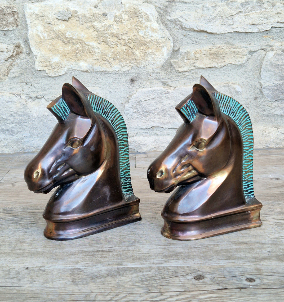 Vintage Brass Horse Head Bookends Mid Century Modern Equine Office Decor Patina Pair