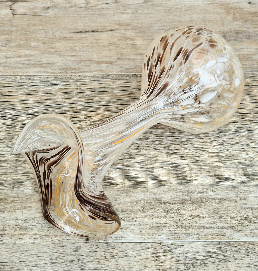Vintage Art Glass Confetti Vase, Handblown Clear Glass with White, Amber, Brown Flecks, Flared Rim