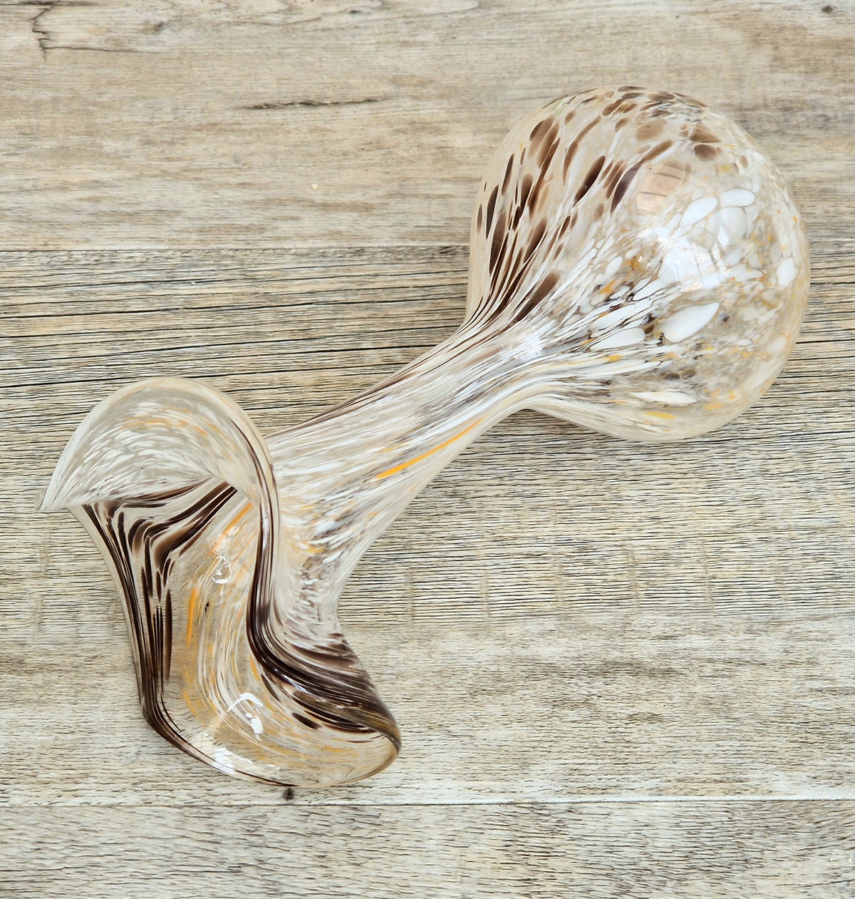 Vintage Art Glass Confetti Vase, Handblown Clear Glass with White, Amber, Brown Flecks, Flared Rim