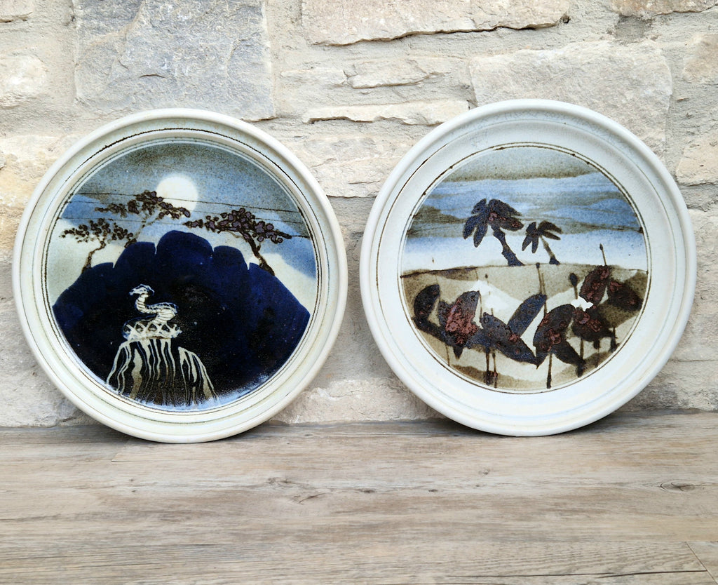 Ian Pirie Studio Pottery Diptych Wall Plaques Night & Day Vintage Scottish Ceramic Landscape Chargers
