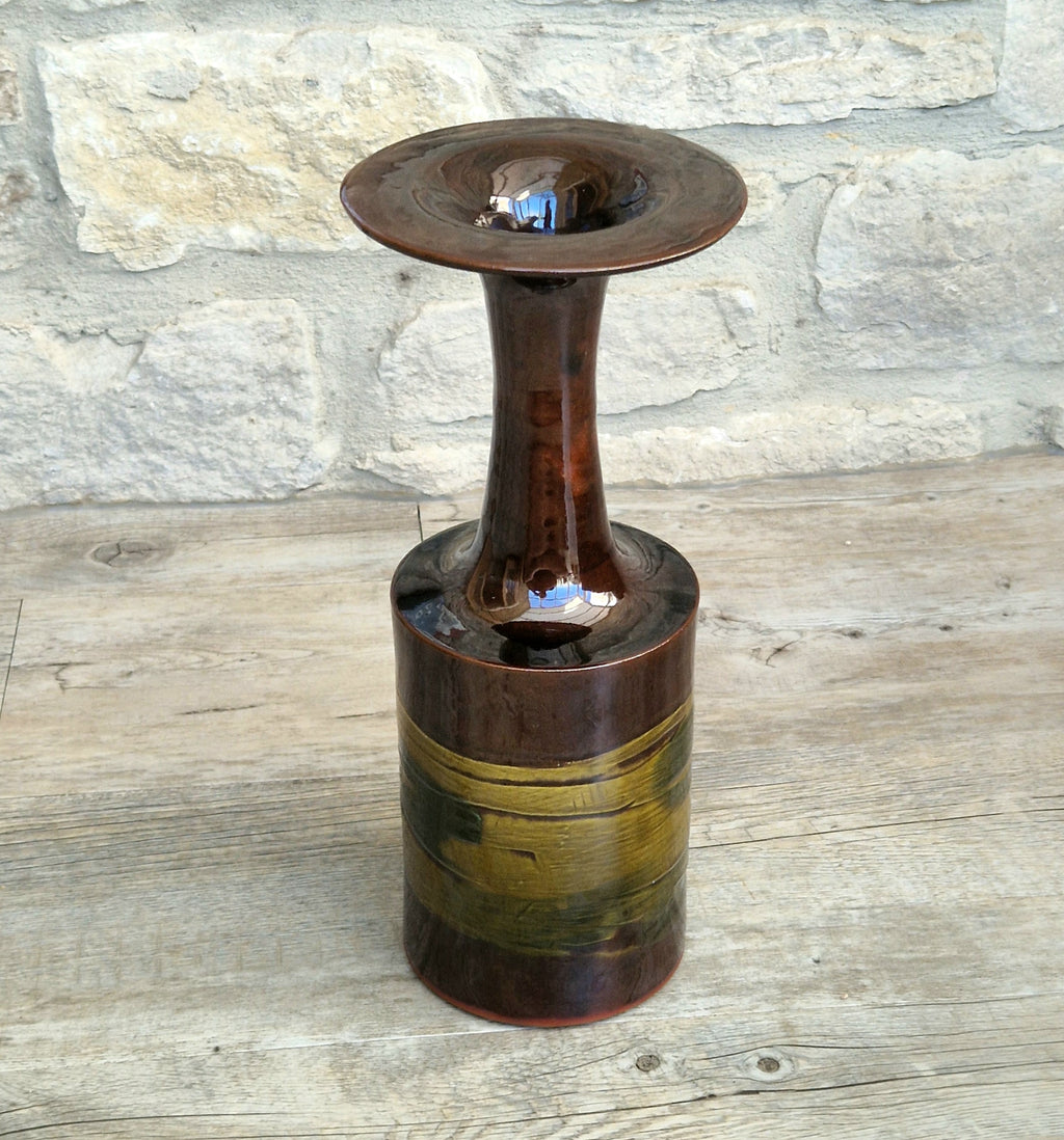 Vintage 1970s Studio Pottery Chalice Vase 32.5cm Terracotta Mid Century Modern Art Glaze