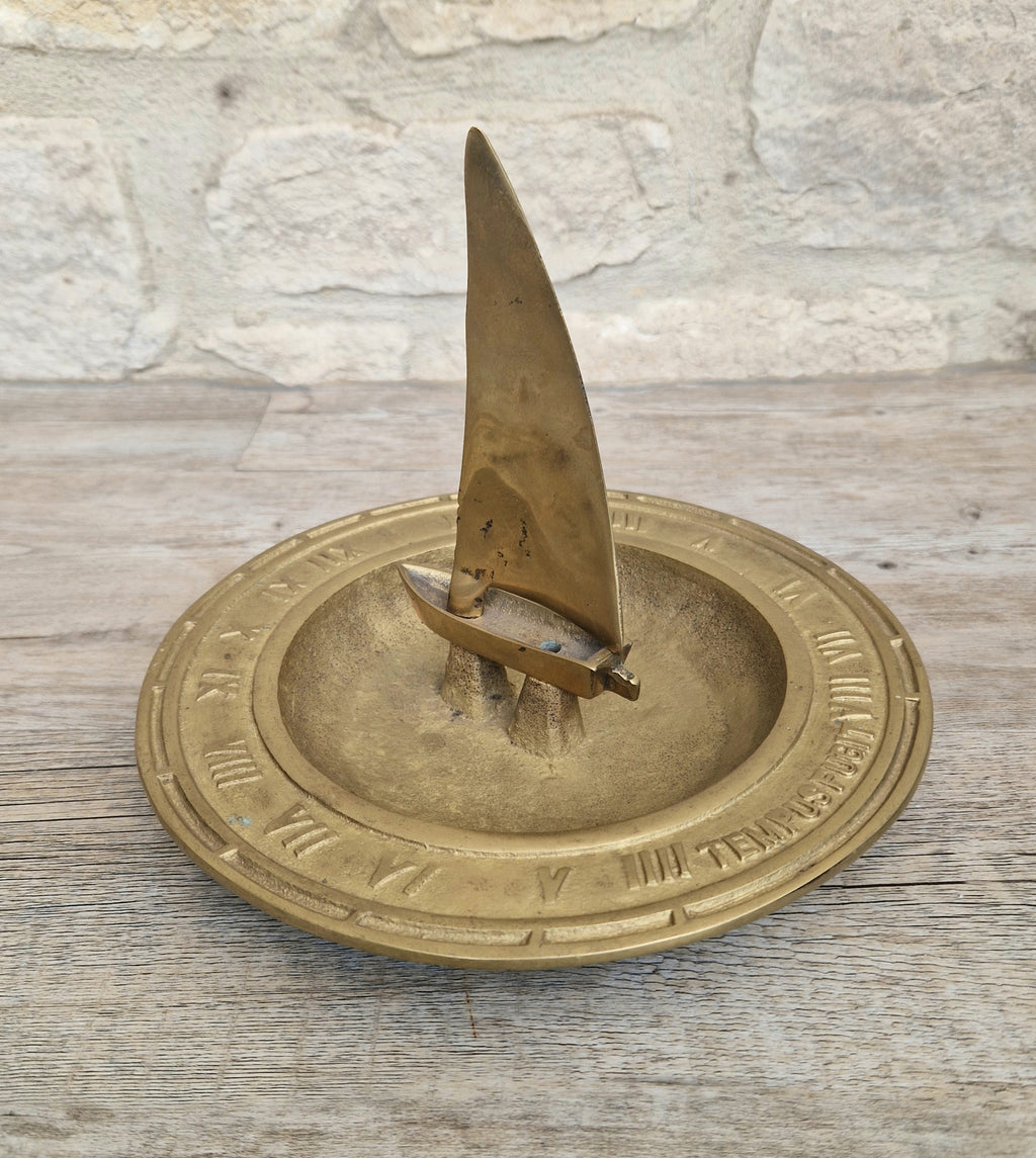 Bronze & Brass Sailing Boat Birdbath Sundial Vintage Garden Ornament