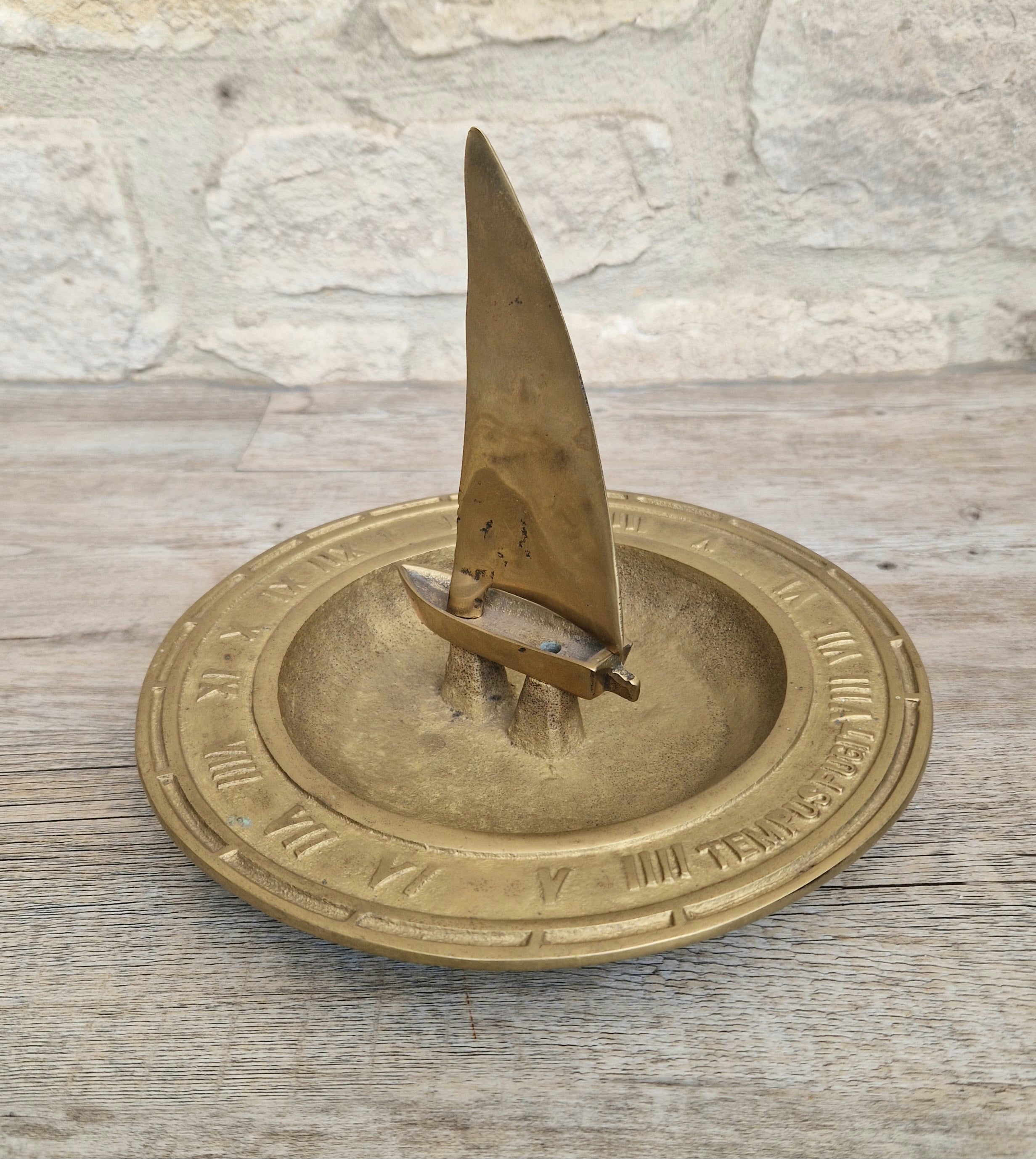 Bronze & Brass Sailing Boat Birdbath Sundial Vintage Garden Ornament