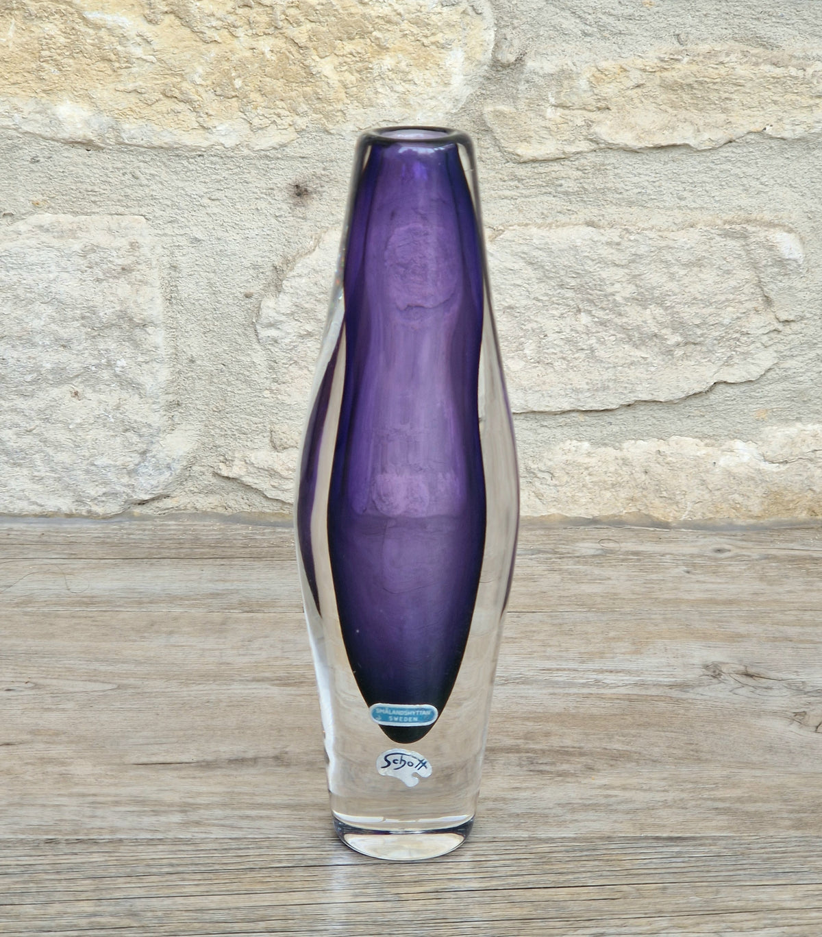 Vintage Smålandshyttan Sweden Amethyst Glass Vase Josef Schott Double Label Mid Century 20cm
