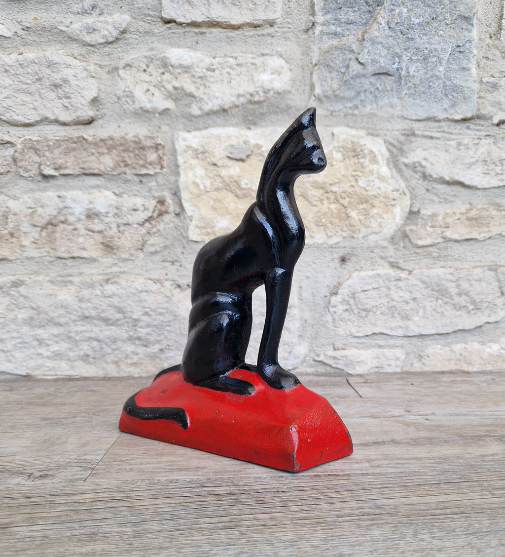 Antique Rare Cast Iron Art Deco Black Sitting Cat Doorstop