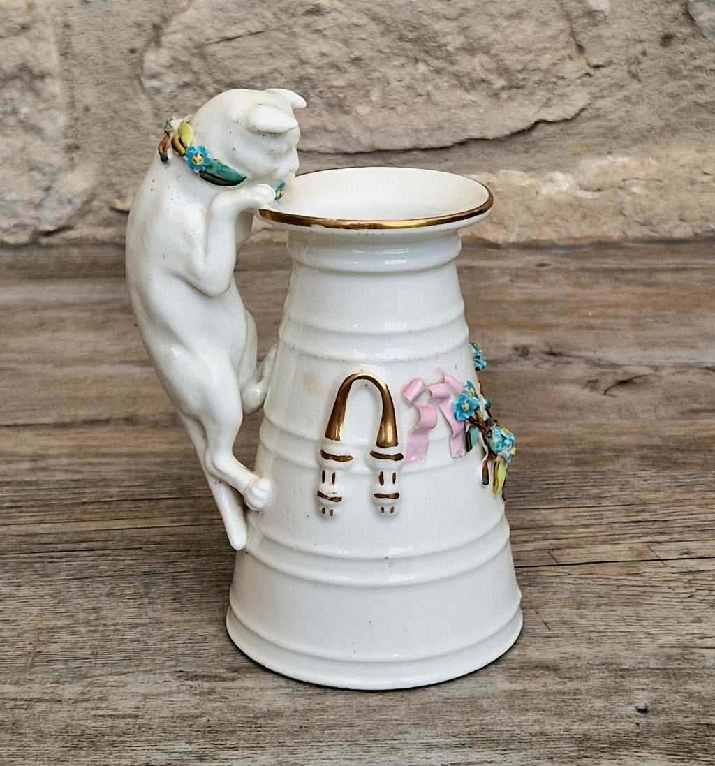 Antique Copeland Porcelain Cat Cream Churn Vases Pair Floral Applied Flowers Gilt 19th Century