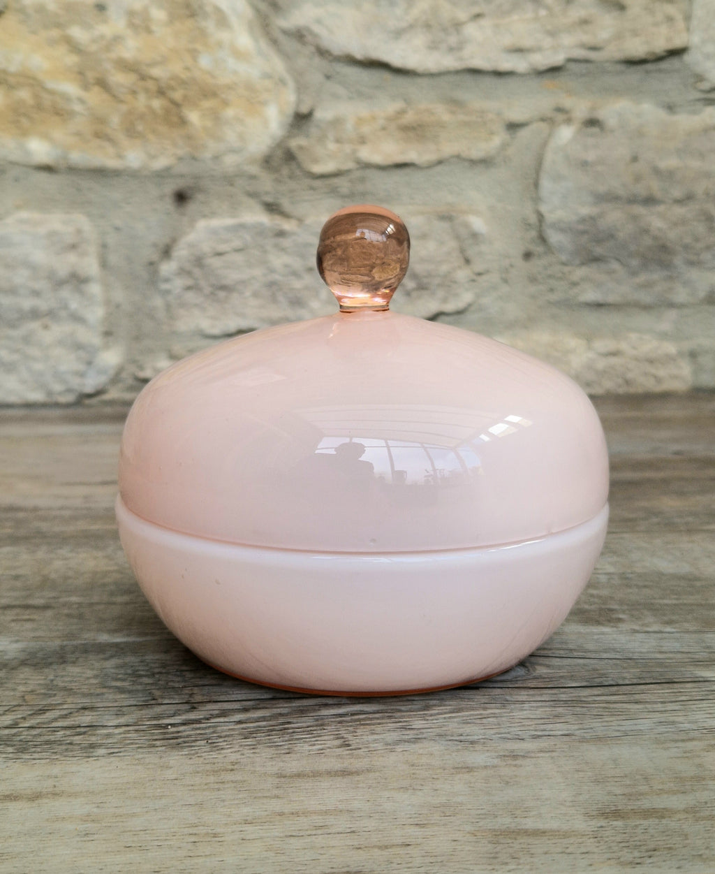 Vintage Large Opaline Pink Glass Lidded Powder Box Trinket Dish Art Deco Decor