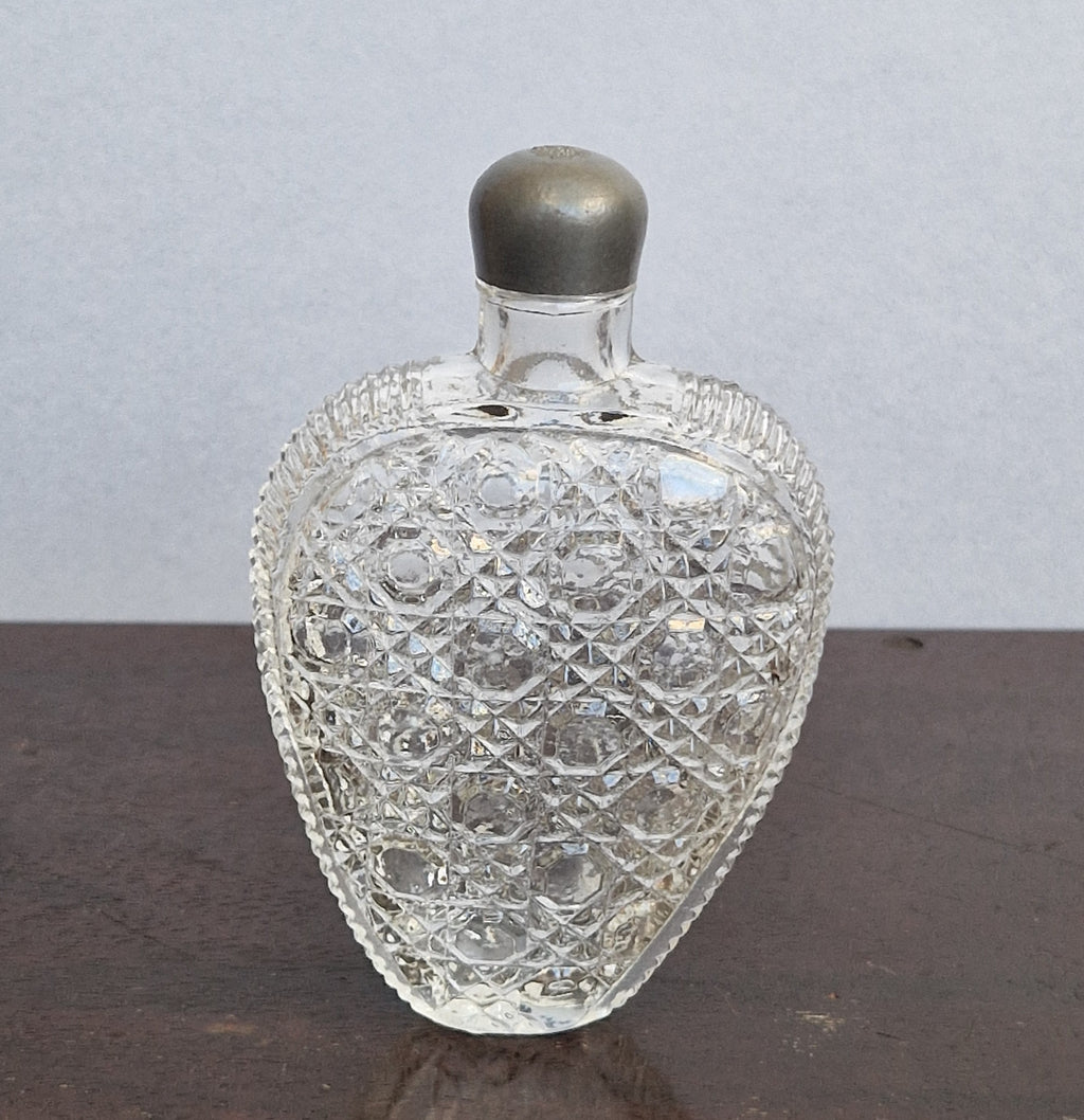 Antique Victorian Pressed Glass Heart Perfume Bottle Pocket Scent Flask Original Cap