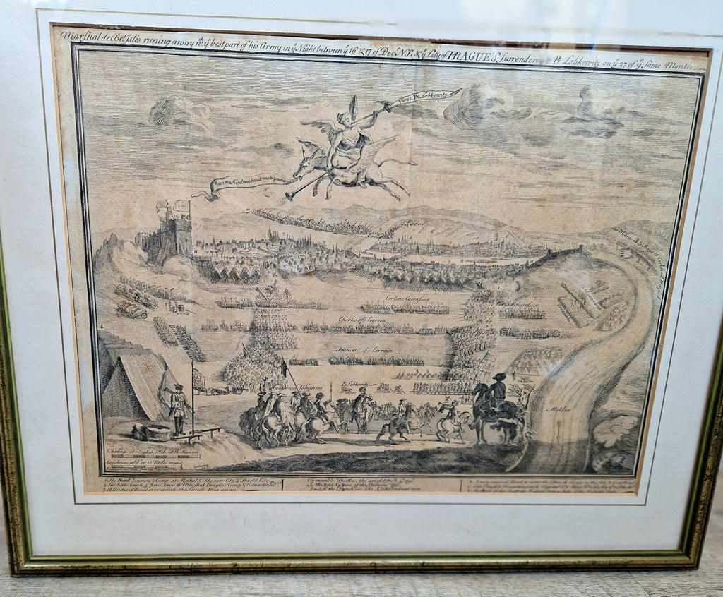 1742 Prague Siege Antique Copperplate Engraving John Bickham Military Battle Map Satire Print Framed