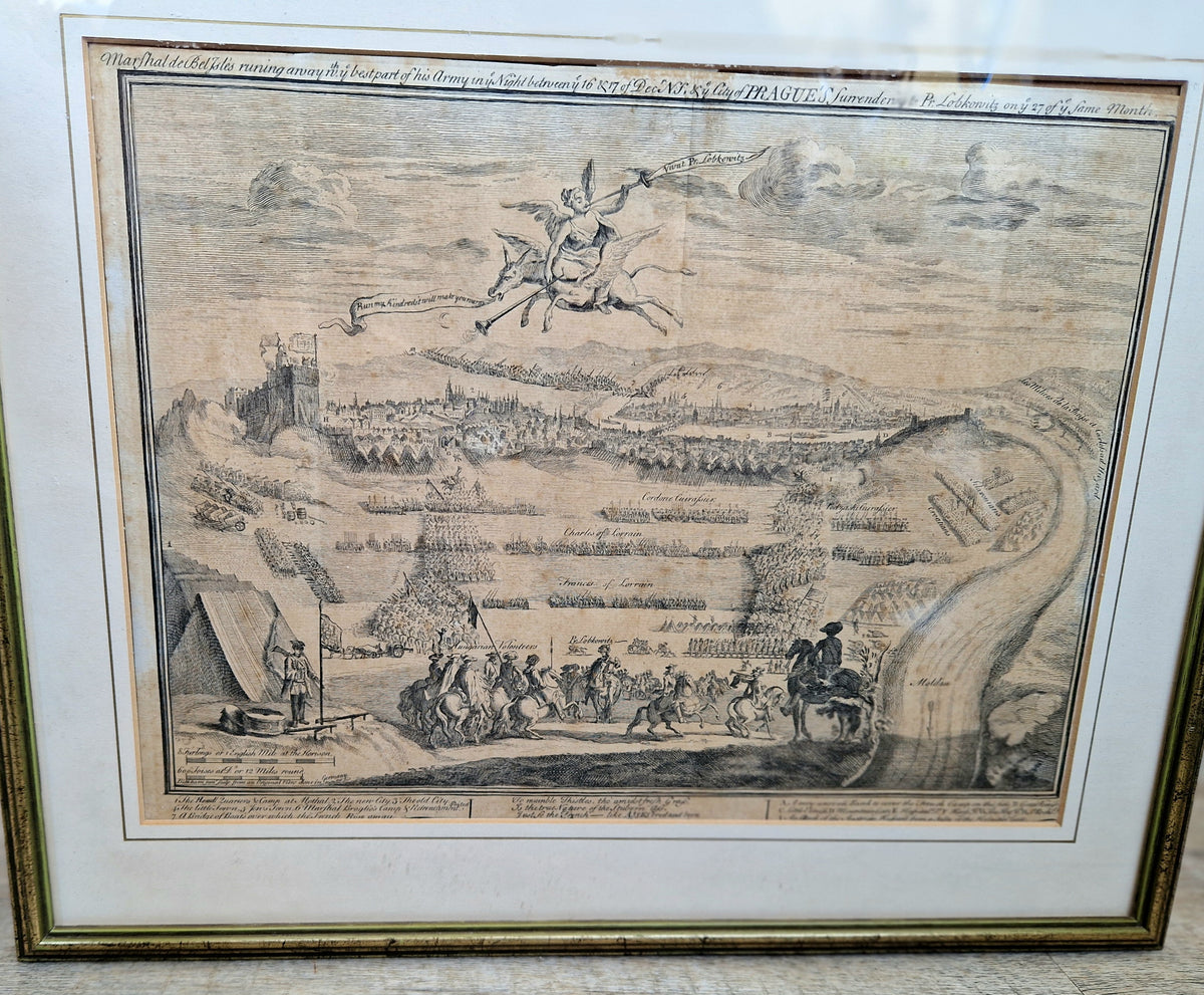 1742 Prague Siege Antique Copperplate Engraving John Bickham Military Battle Map Satire Print Framed