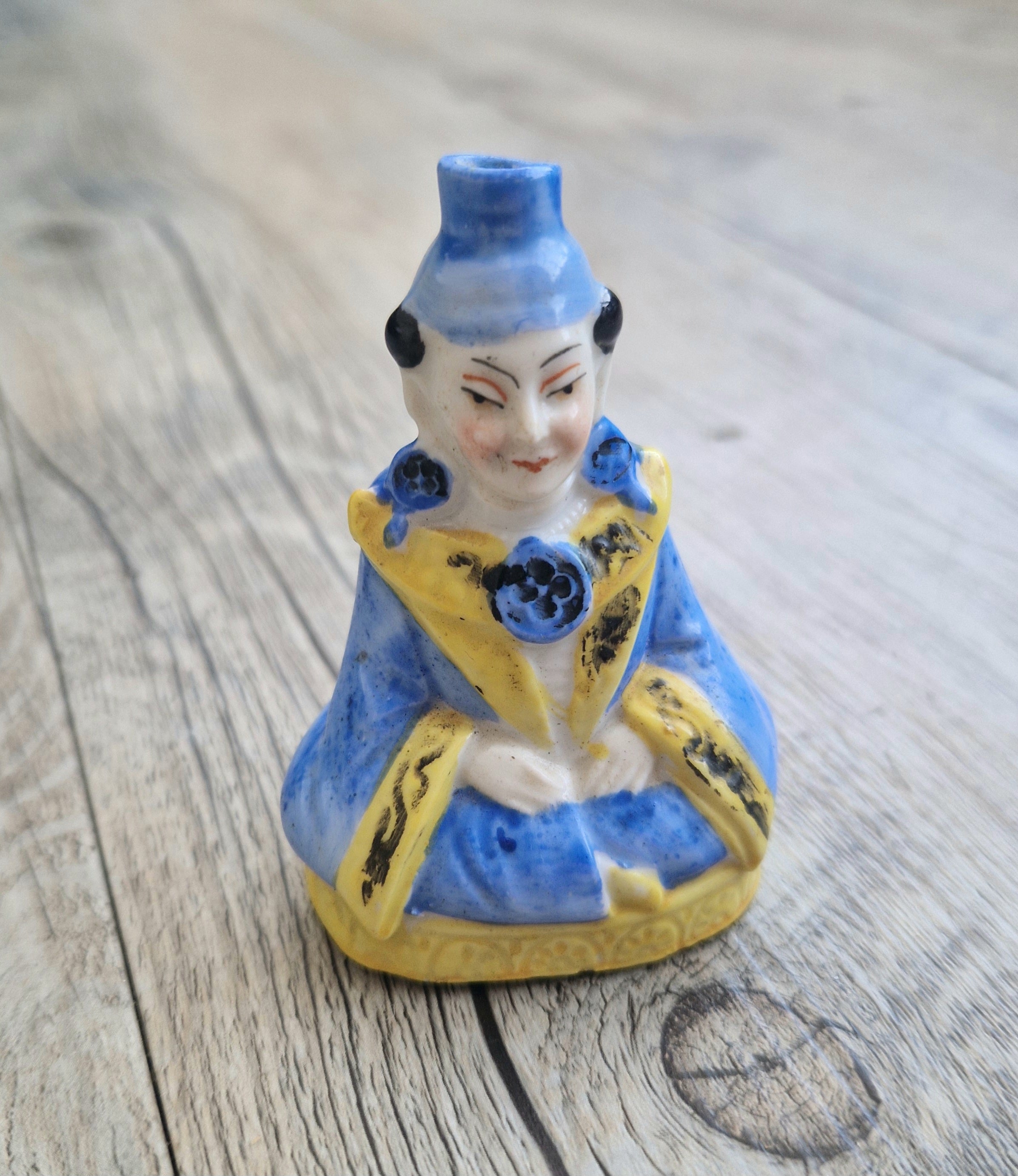 Antique Sitzendorf Ceramic Seated Figure Perfume Bottle - Missing Crown Top