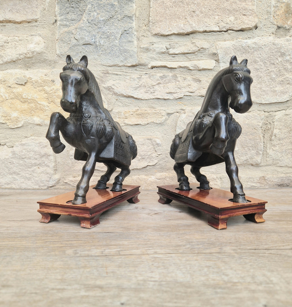Fine Pair of Vintage Heavy Cast Bronze Tang-Style Chinese Horse Sculptures On Wooden Plinths