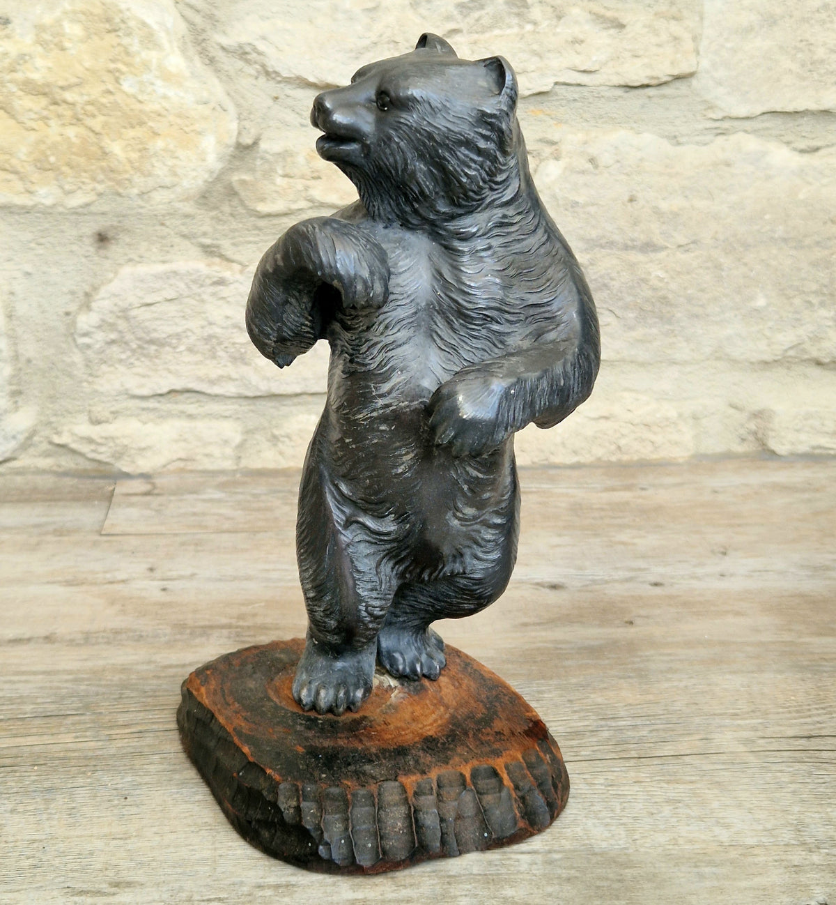 Cast Spelter Standing Bear Sculpture On Rustic Wood Base Rare Antique Art Deco